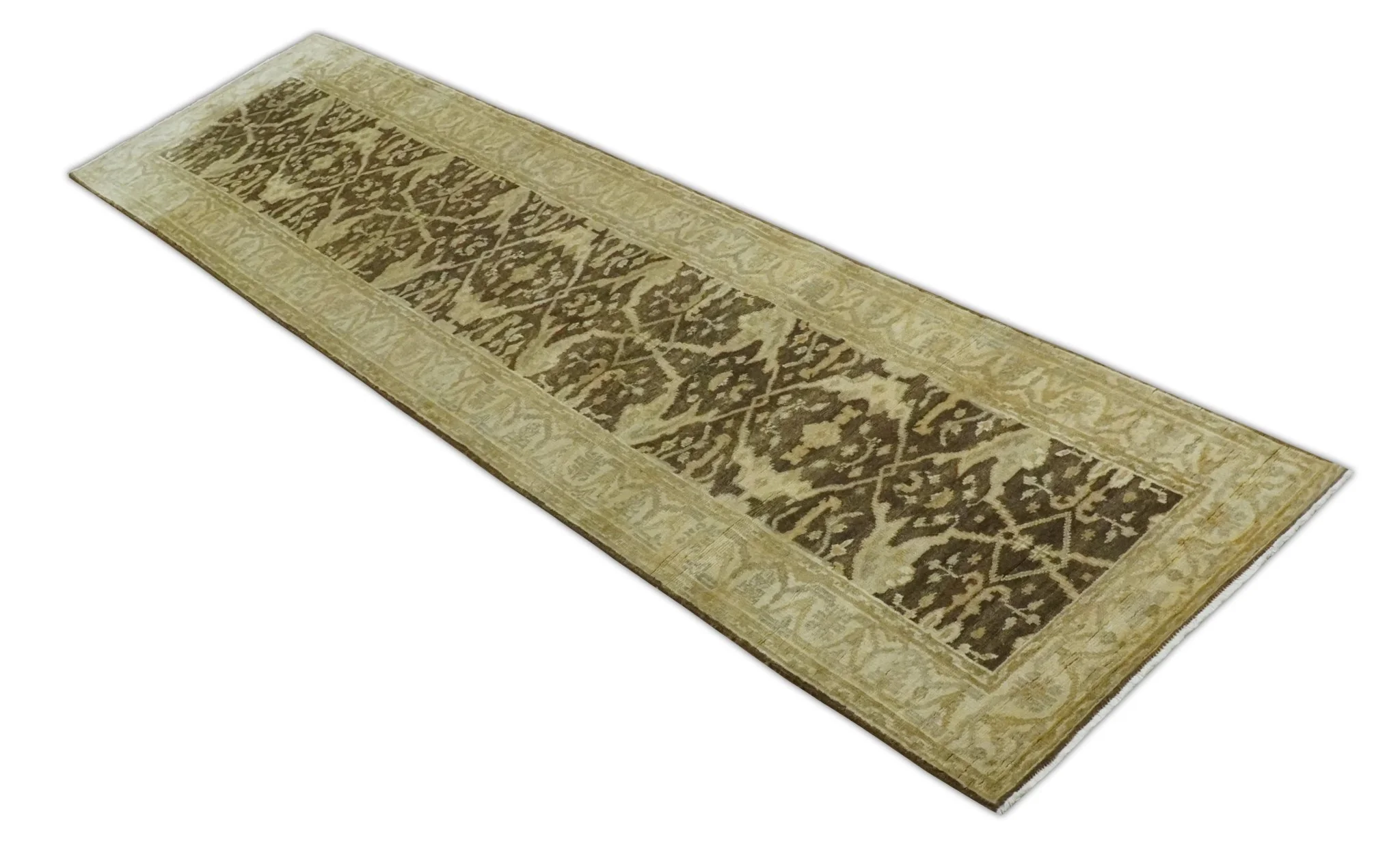 Hand Knotted 3x12 Oriental Oushak Beige and Brown Wool Area Rug - Image 7