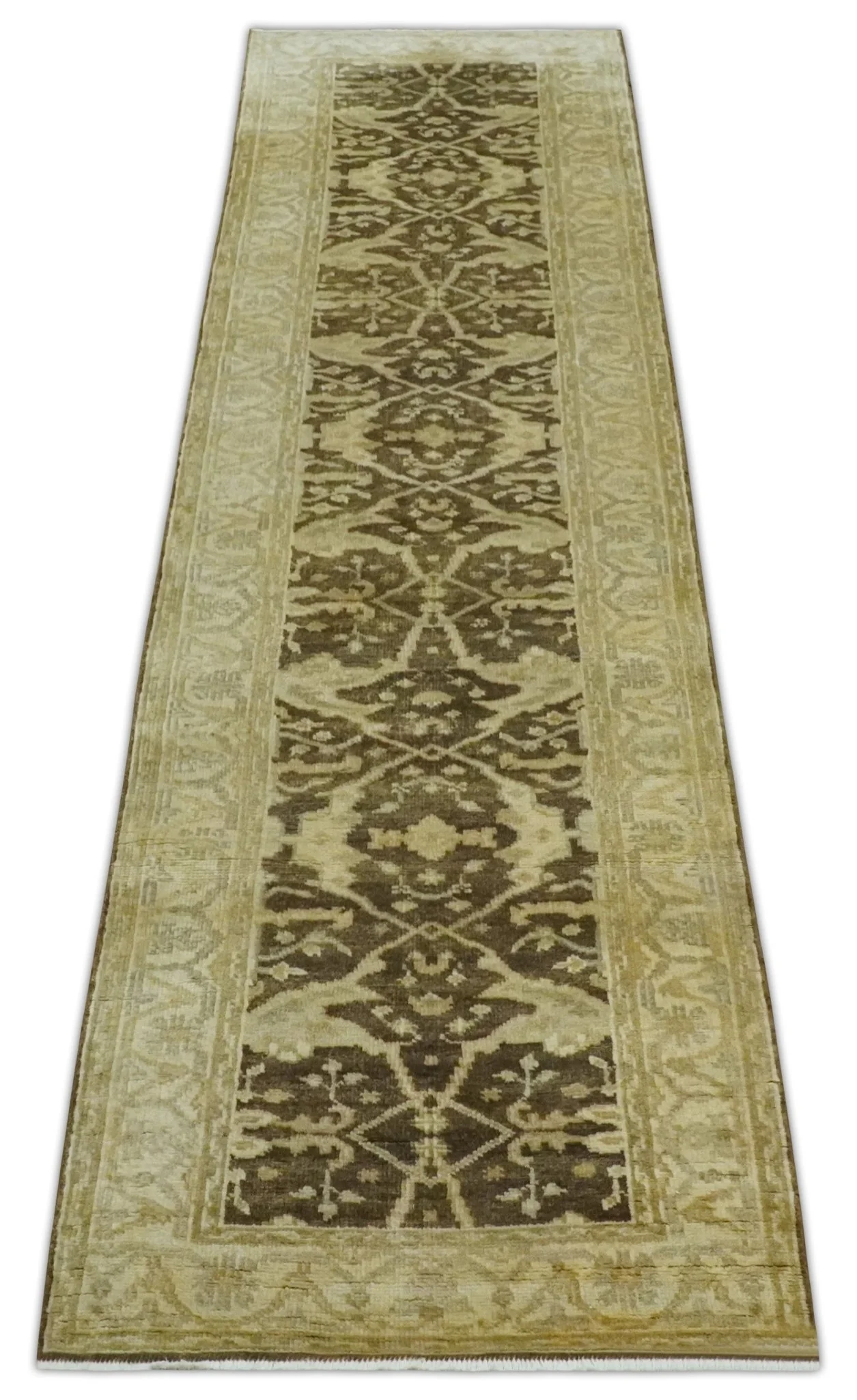 Hand Knotted 3x12 Oriental Oushak Beige and Brown Wool Area Rug - Image 8