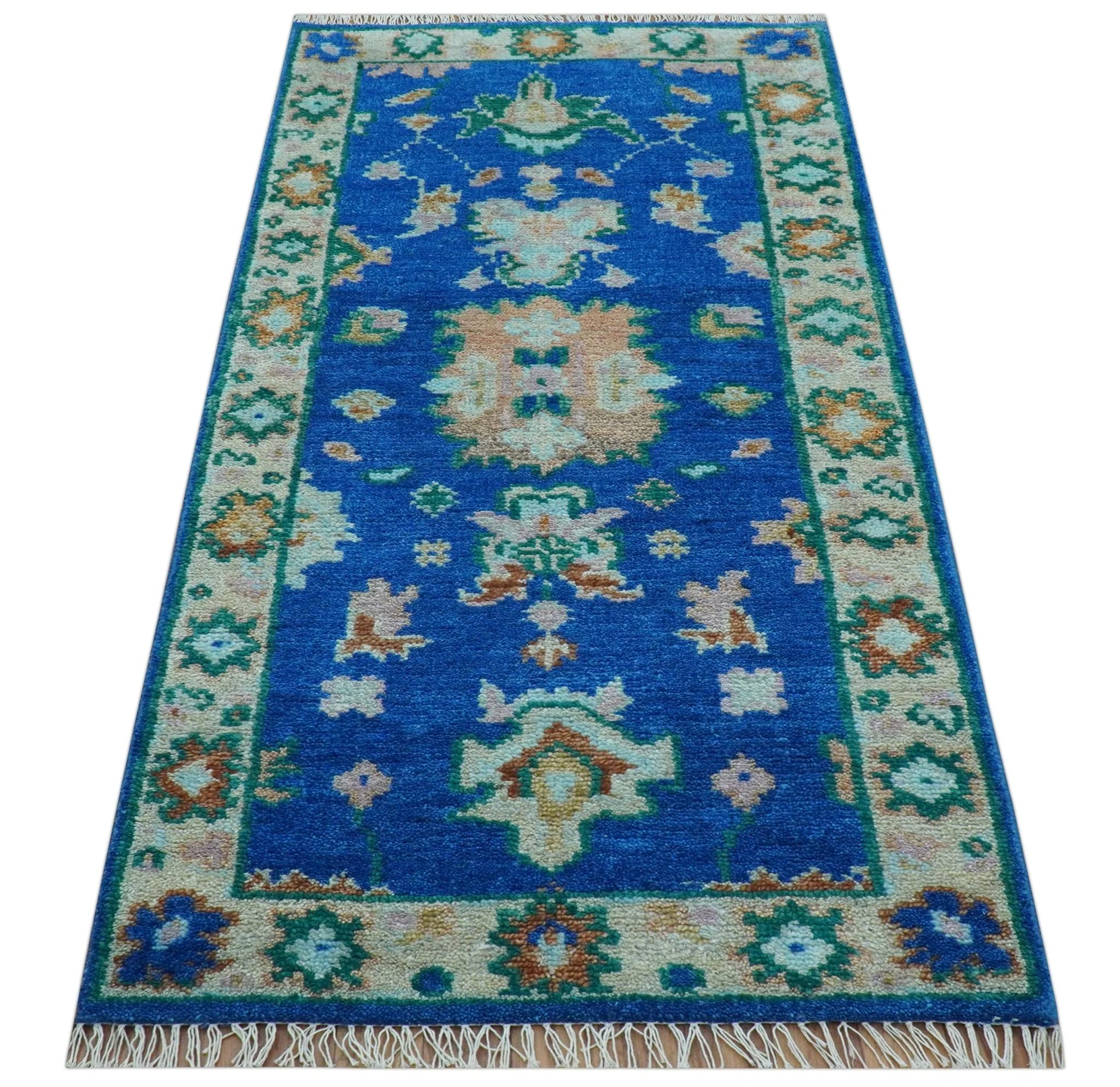 Hand knotted 2.6x6 Blue Traditional Oushak Design Wool Area Rug - Image 9