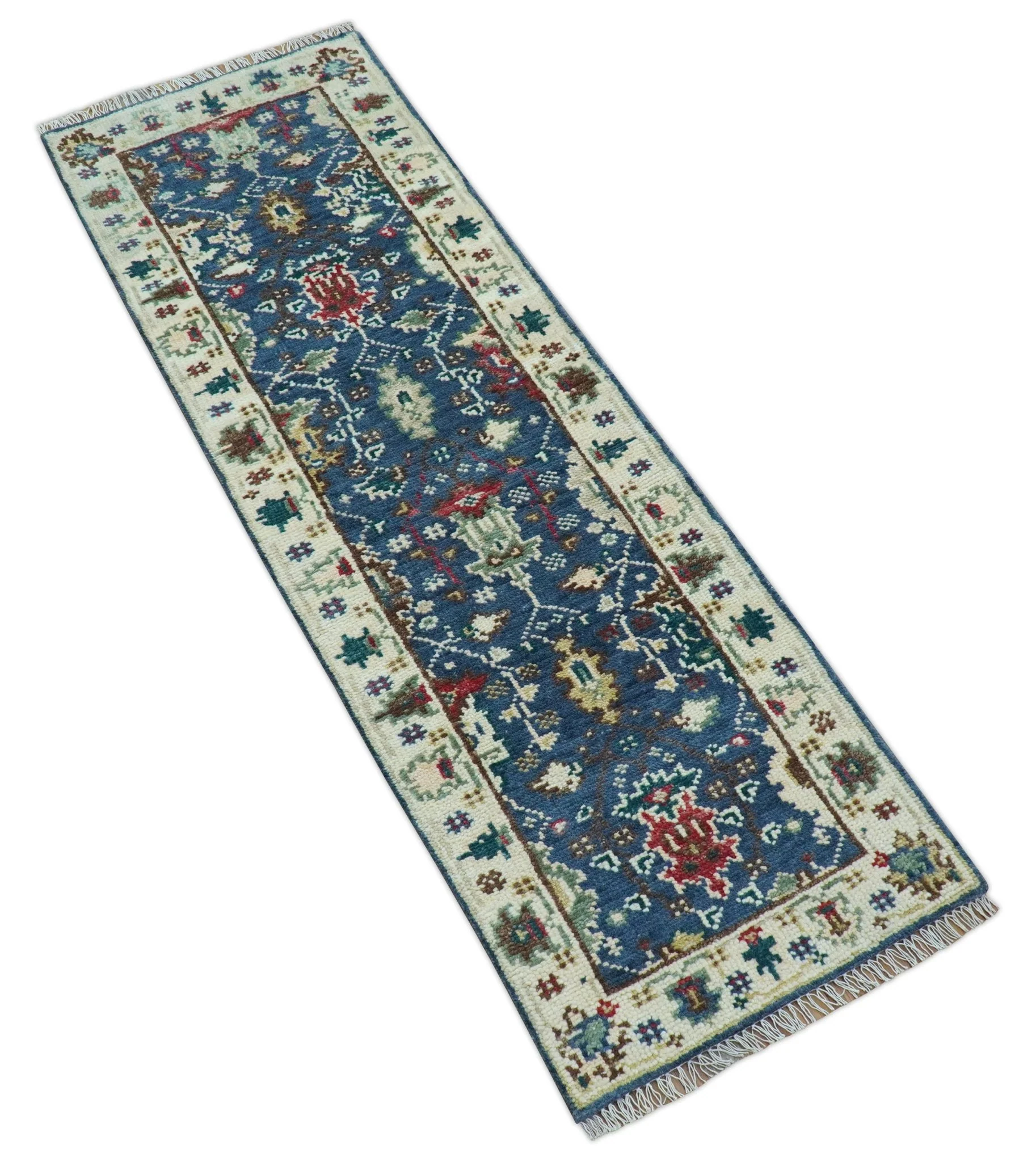 Hand knotted Runner 2.6x8 Blue And Ivory Traditional Design Wool Rug - Image 3