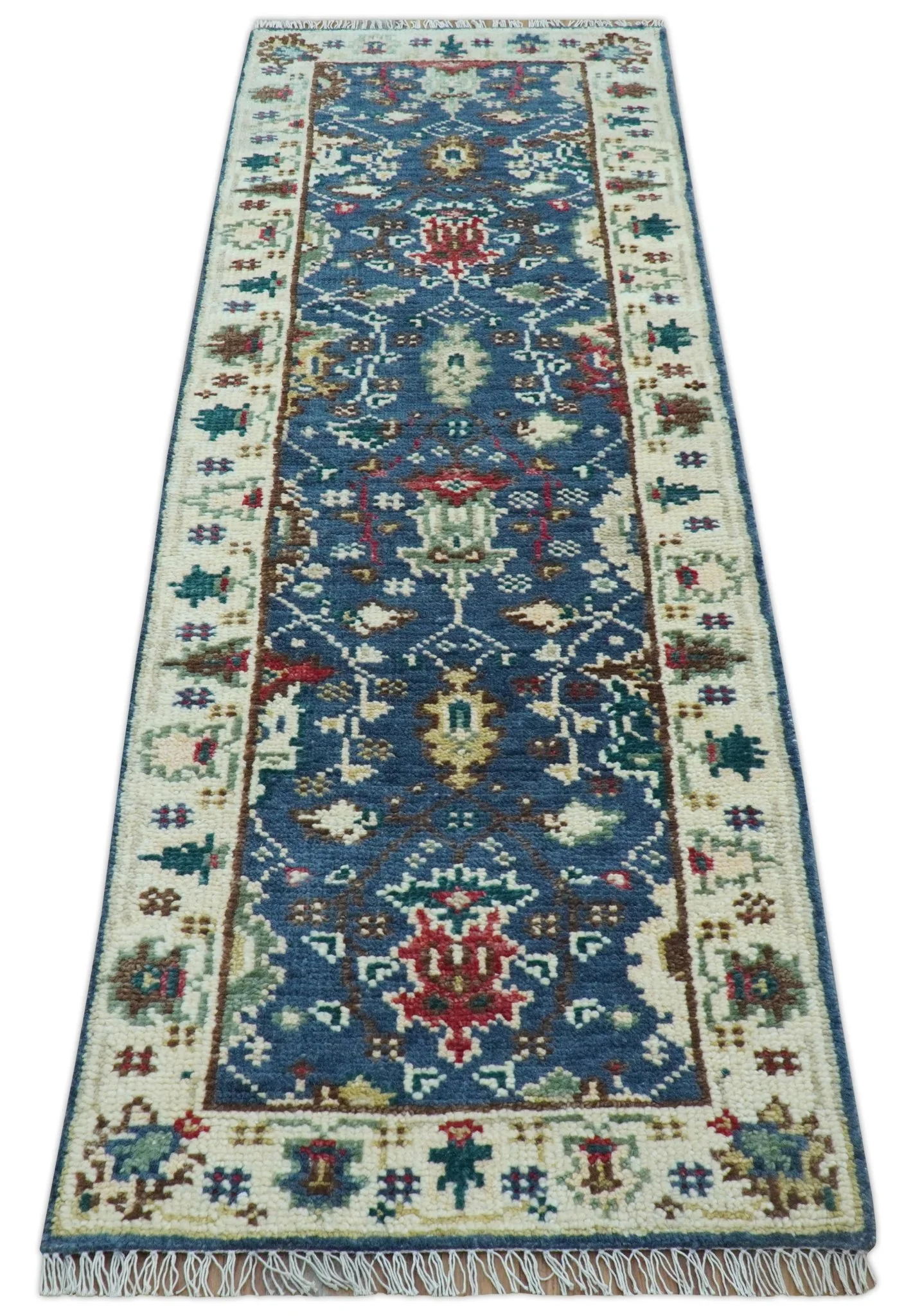 Hand knotted Runner 2.6x8 Blue And Ivory Traditional Design Wool Rug - Image 4