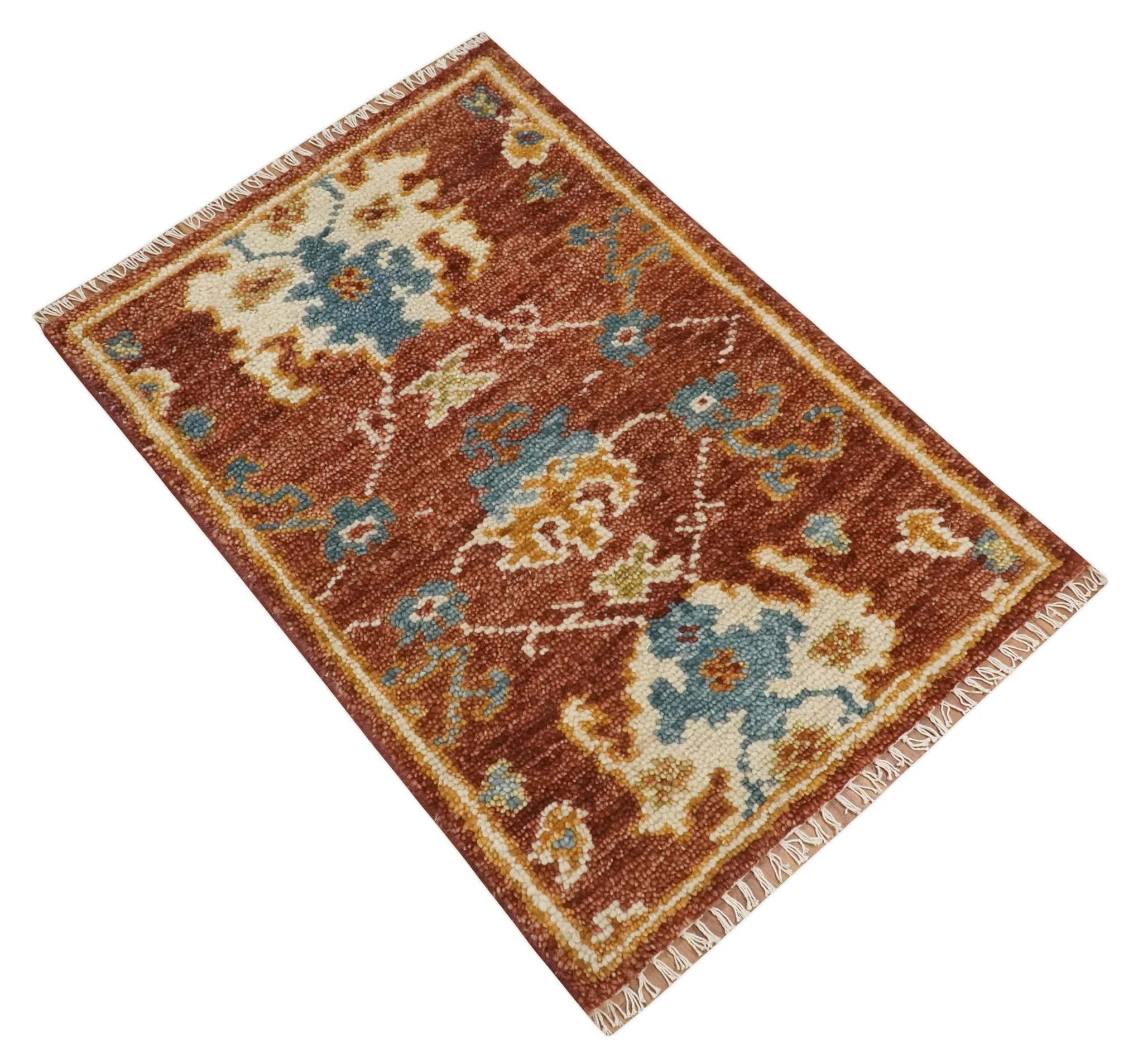 Hand Knotted 2x3 Rust, Blue and Ivory Traditional Antique Persian Design Wool Rug | TRDCP79923 - Image 8