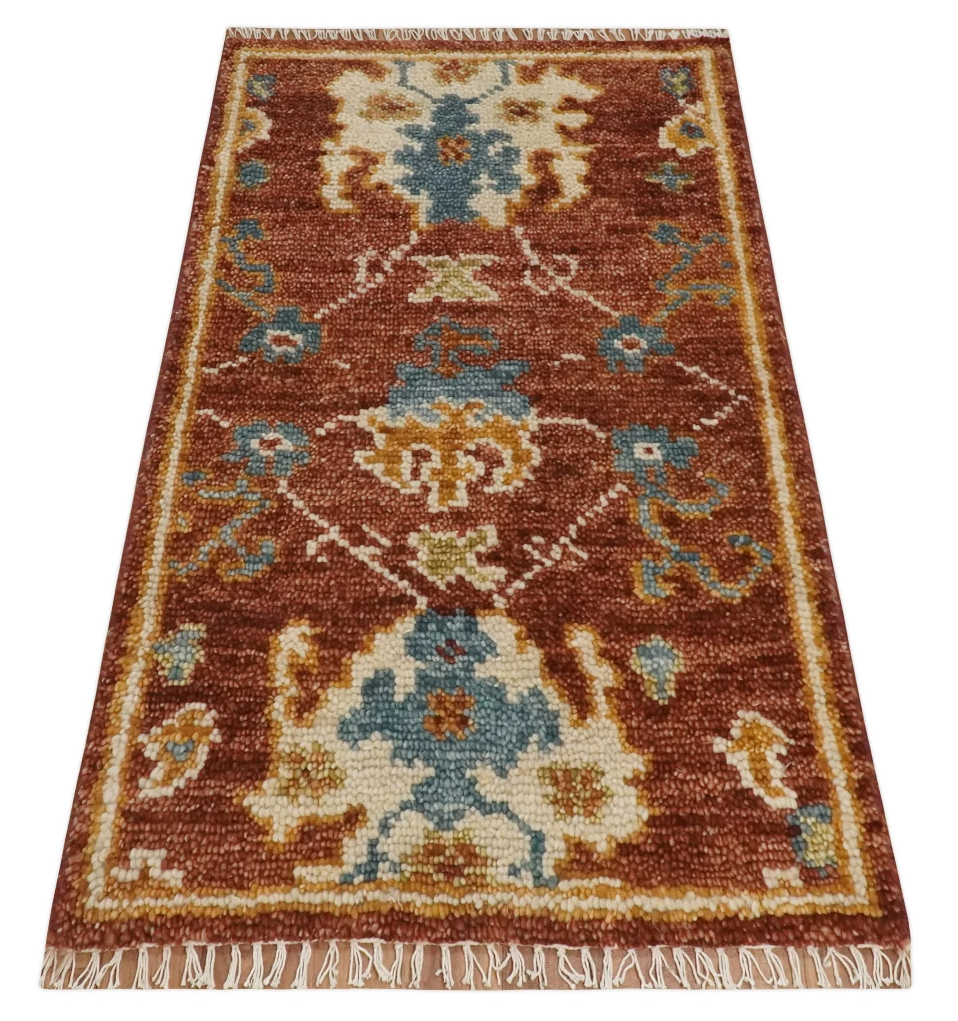 Hand Knotted 2x3 Rust, Blue and Ivory Traditional Antique Persian Design Wool Rug | TRDCP79923 - Image 9