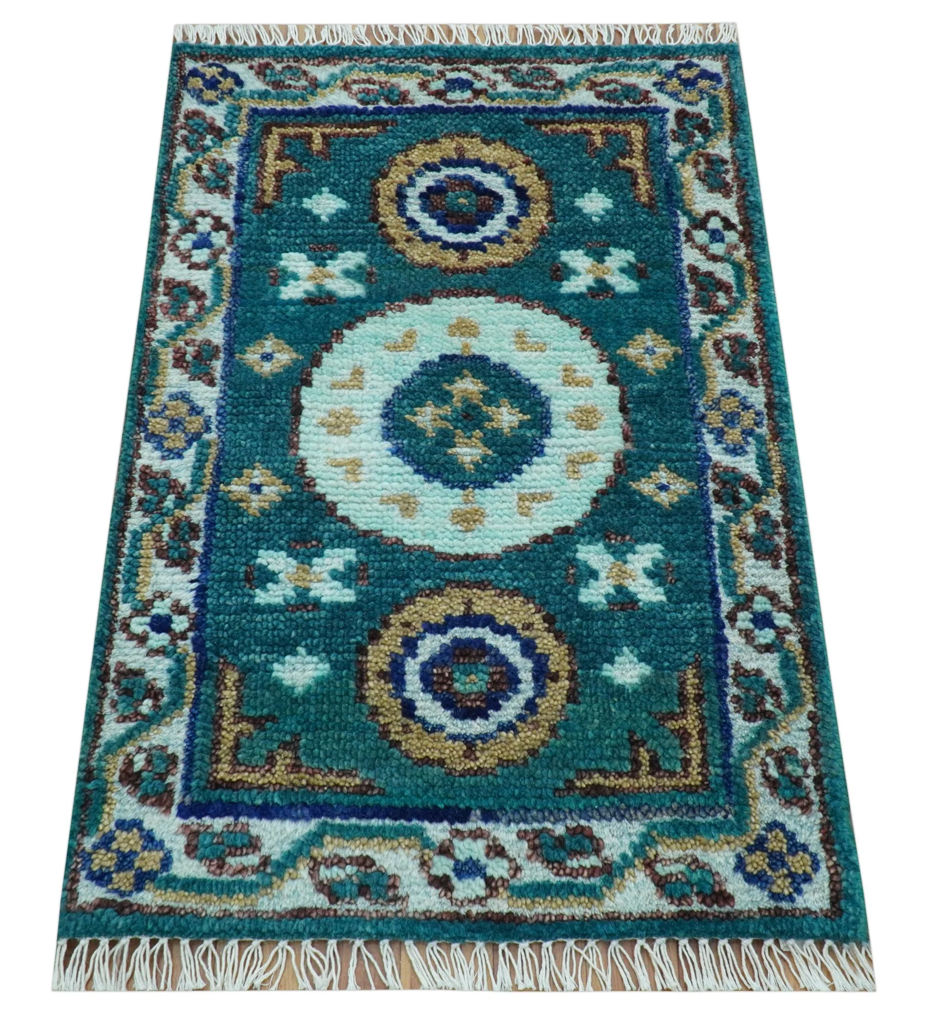 Hand knotted 2x3 Teal Traditional Khotan Design Wool Area Rug - Image 9