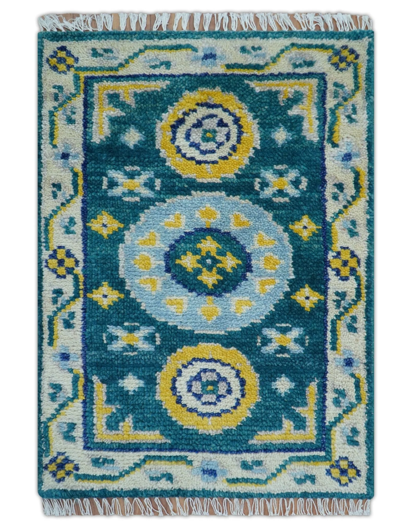Hand knotted 2x3 Yellow And Teal Traditional Khotan Design Wool Area Rug - Image 2