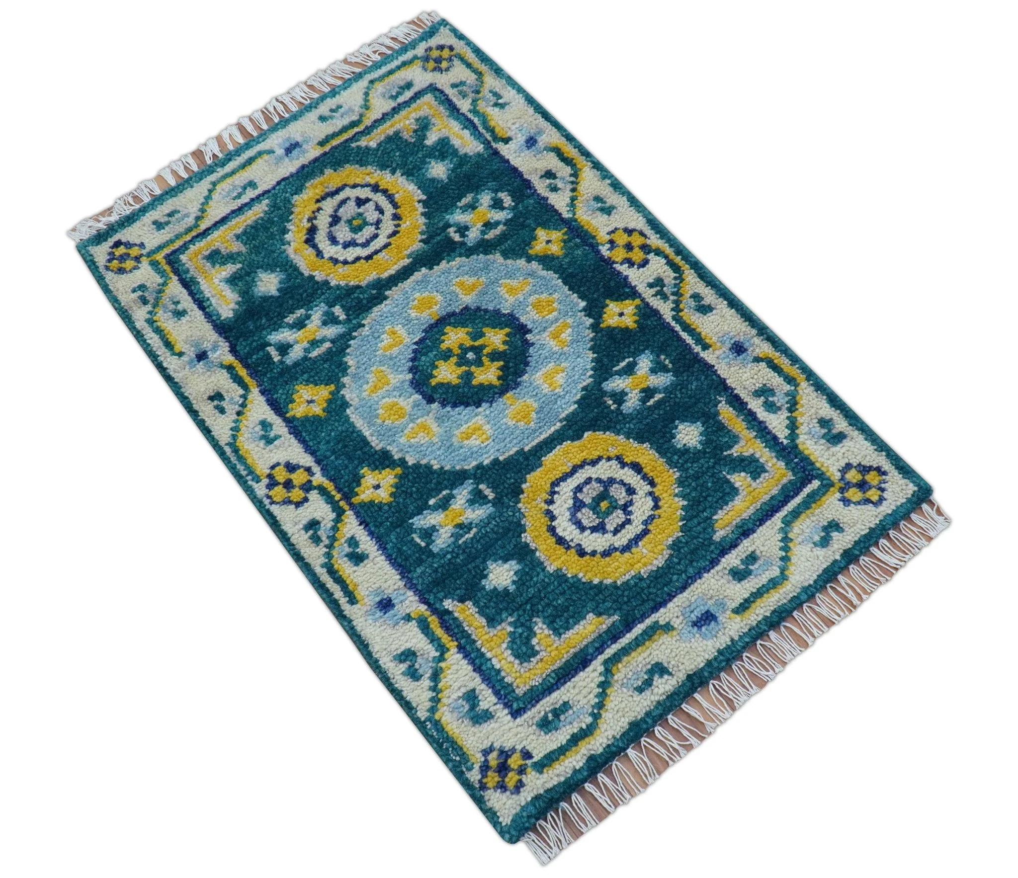 Hand knotted 2x3 Yellow And Teal Traditional Khotan Design Wool Area Rug - Image 3