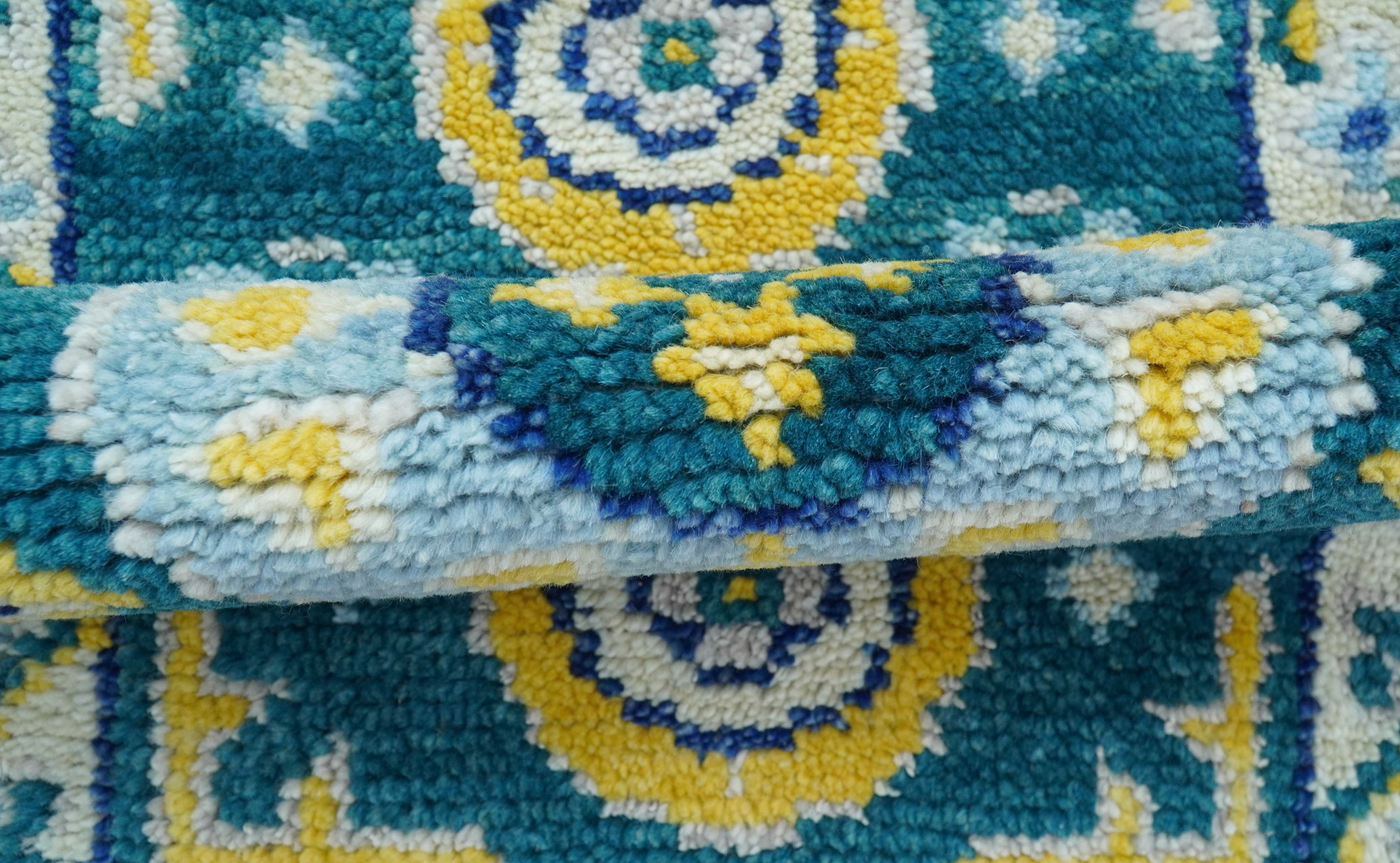 Hand knotted 2x3 Yellow And Teal Traditional Khotan Design Wool Area Rug - Image 6