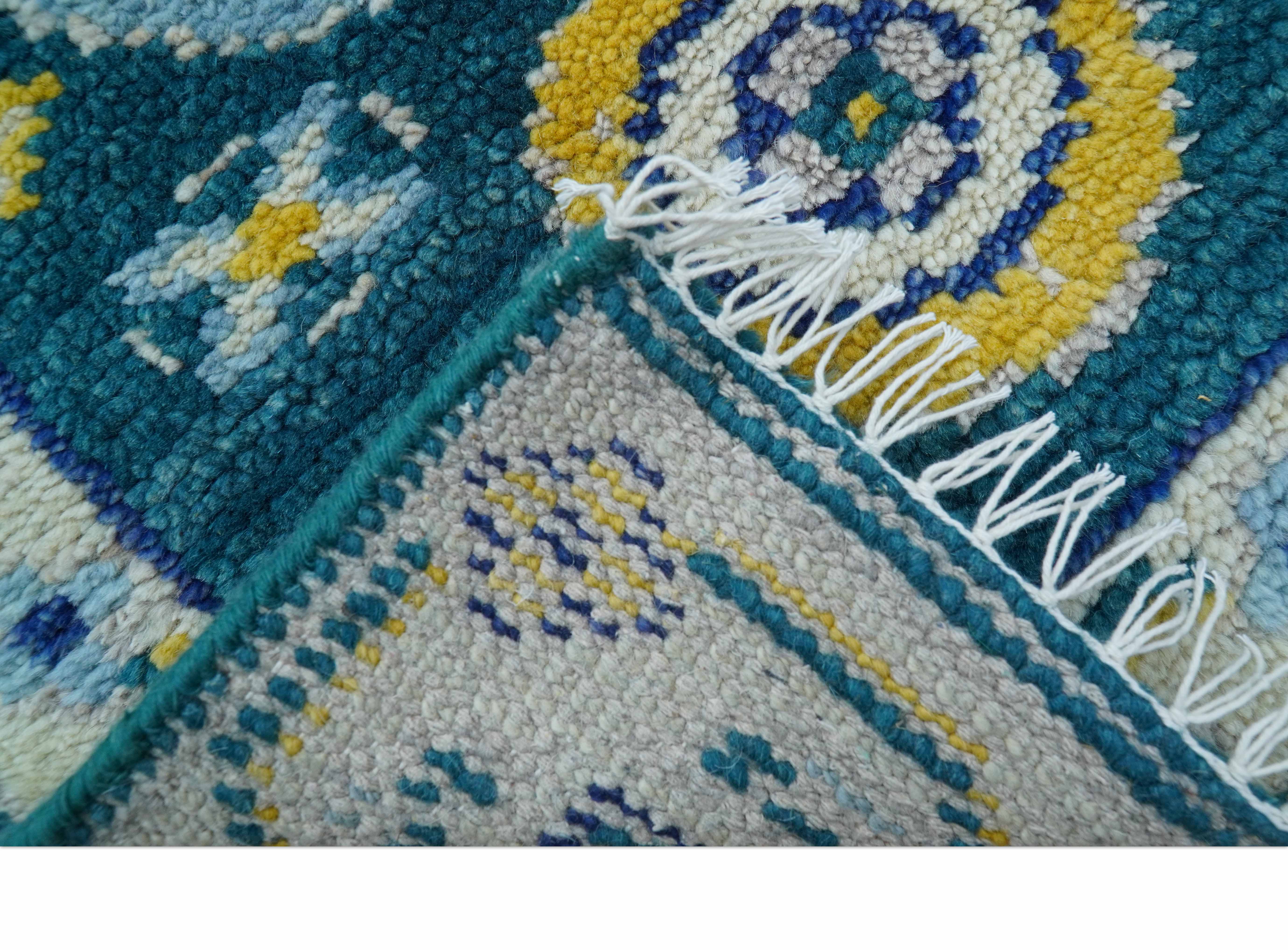 Hand knotted 2x3 Yellow And Teal Traditional Khotan Design Wool Area Rug - Image 7