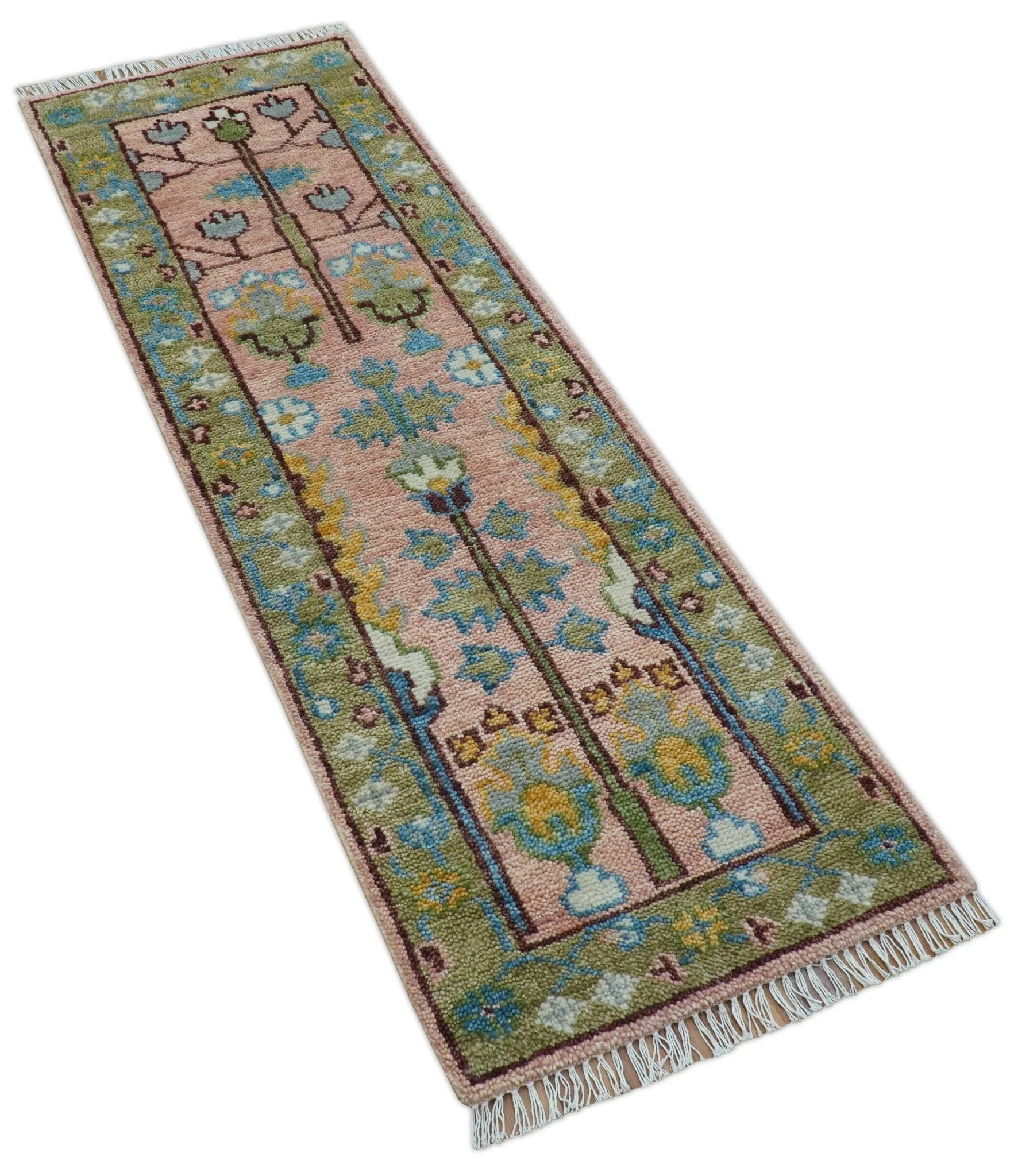 Hand knotted 2x6 Peach And Green Traditional Oushak Design Wool Area Rug - Image 3