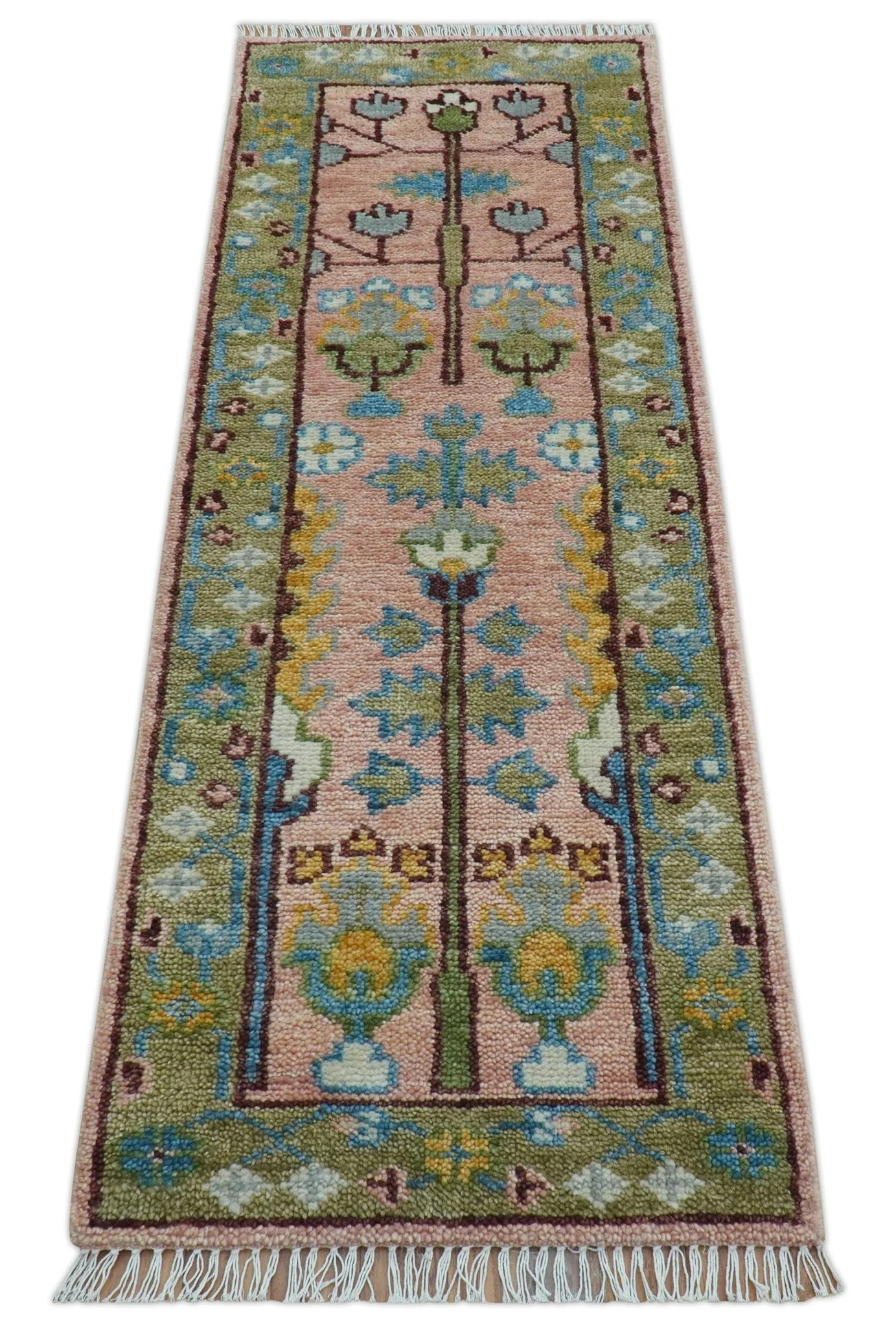 Hand knotted 2x6 Peach And Green Traditional Oushak Design Wool Area Rug - Image 4