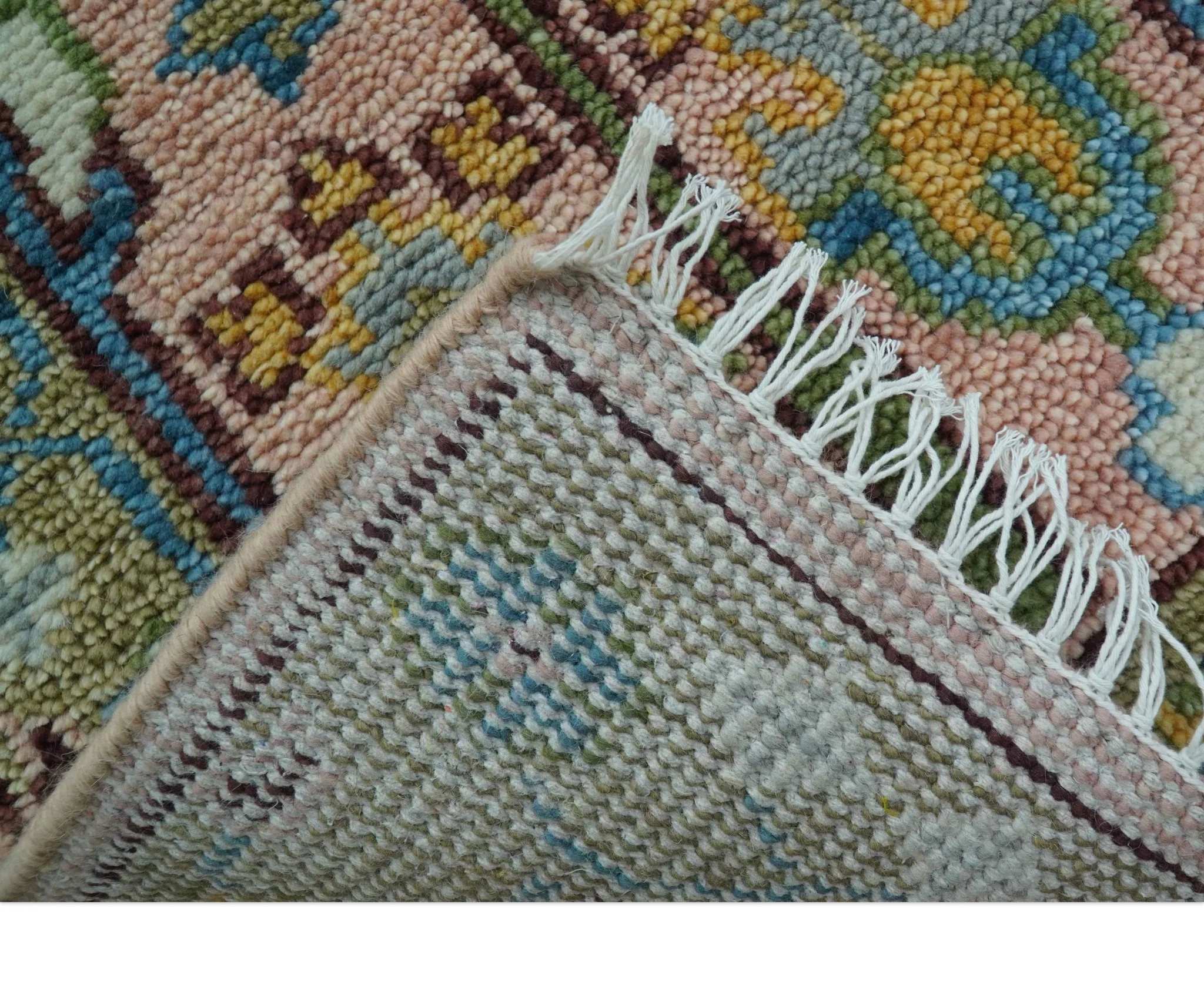 Hand knotted 2x6 Peach And Green Traditional Oushak Design Wool Area Rug - Image 5