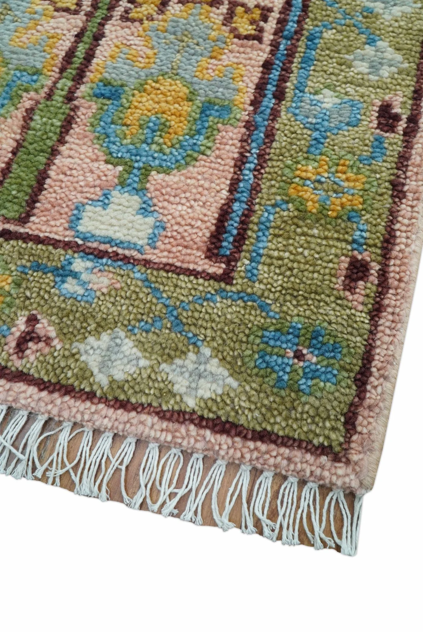 Hand knotted 2x6 Peach And Green Traditional Oushak Design Wool Area Rug - Image 6