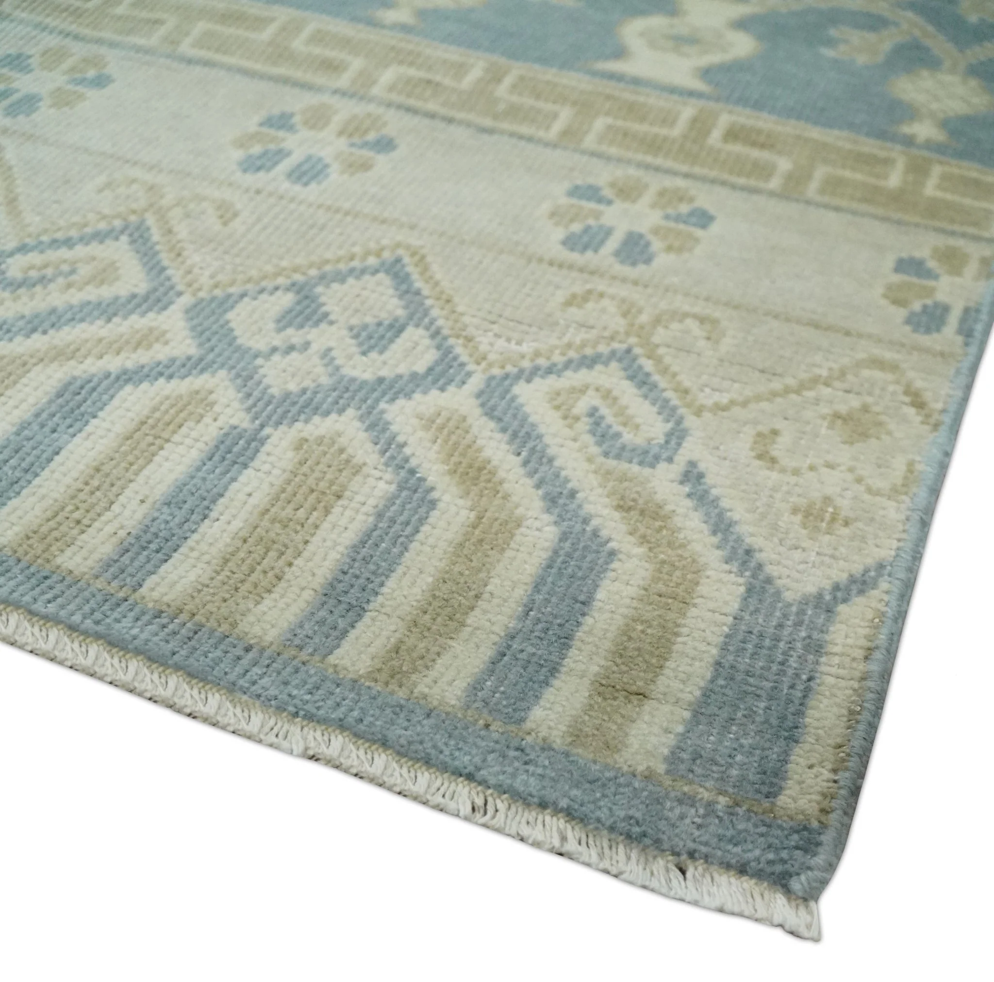 Hand Knotted 3x3 Gray, Ivory and Beige Traditional Low Pile Wool Rug, Bedside Rug | N35033 - Image 3