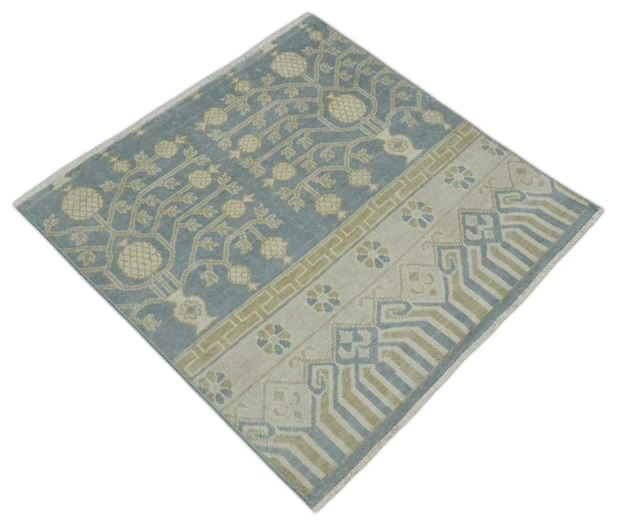 Hand Knotted 3x3 Gray, Ivory and Beige Traditional Low Pile Wool Rug, Bedside Rug | N35033 - Image 7