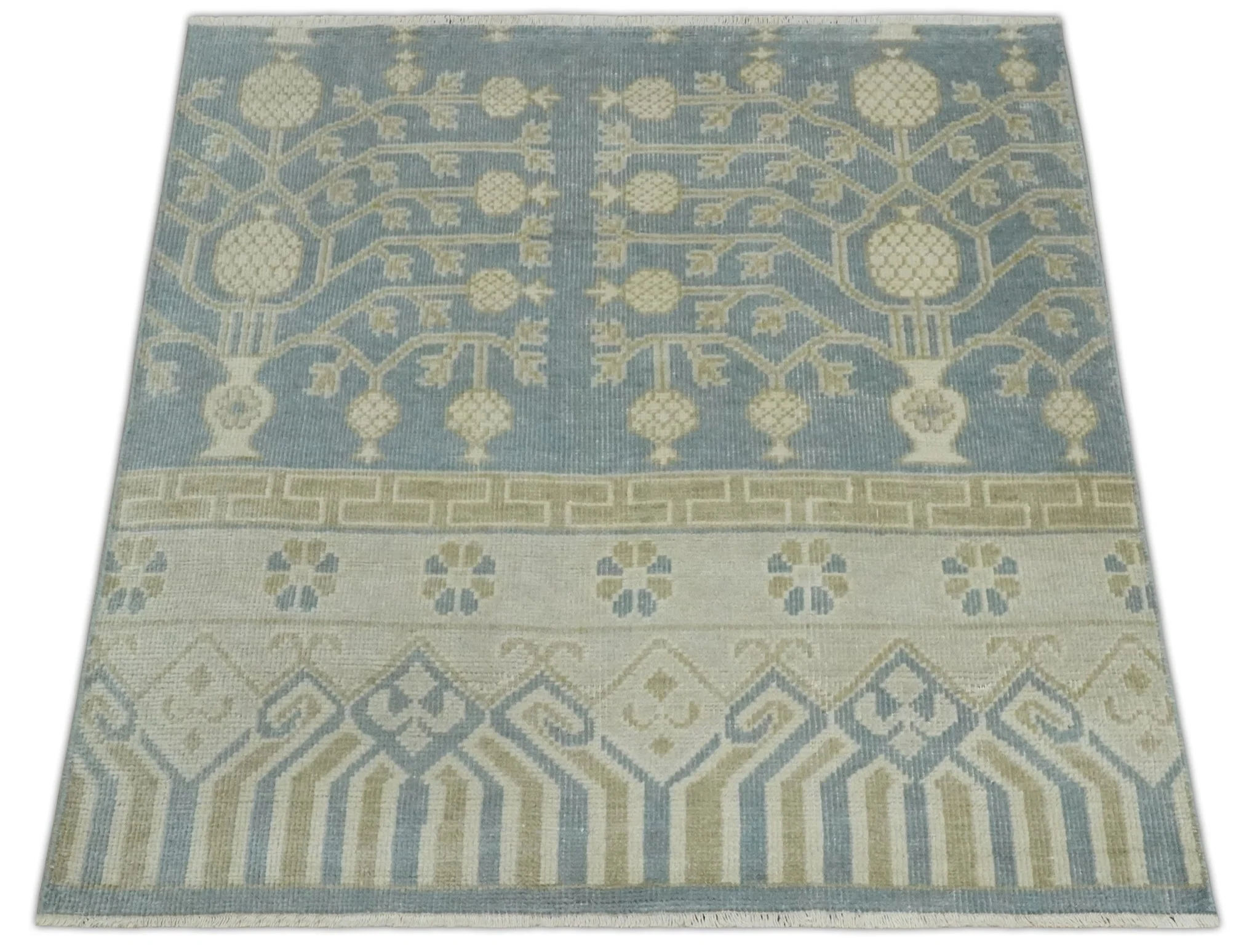 Hand Knotted 3x3 Gray, Ivory and Beige Traditional Low Pile Wool Rug, Bedside Rug | N35033 - Image 8