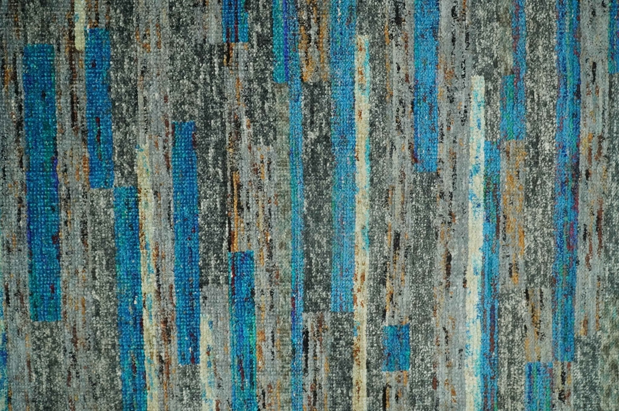 Hand Knotted 4.5x6.5 Gray, Ivory and Blue Modern Abstract Contemporary Recycled Silk Area Rug | OP67 - Image 11
