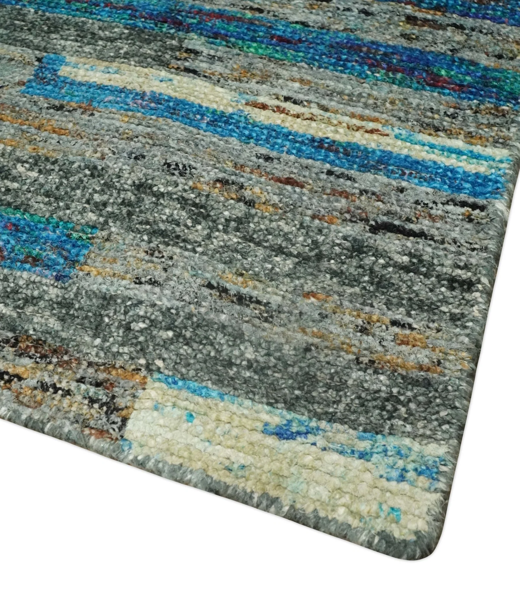 Hand Knotted 4.5x6.5 Gray, Ivory and Blue Modern Abstract Contemporary Recycled Silk Area Rug | OP67 - Image 3