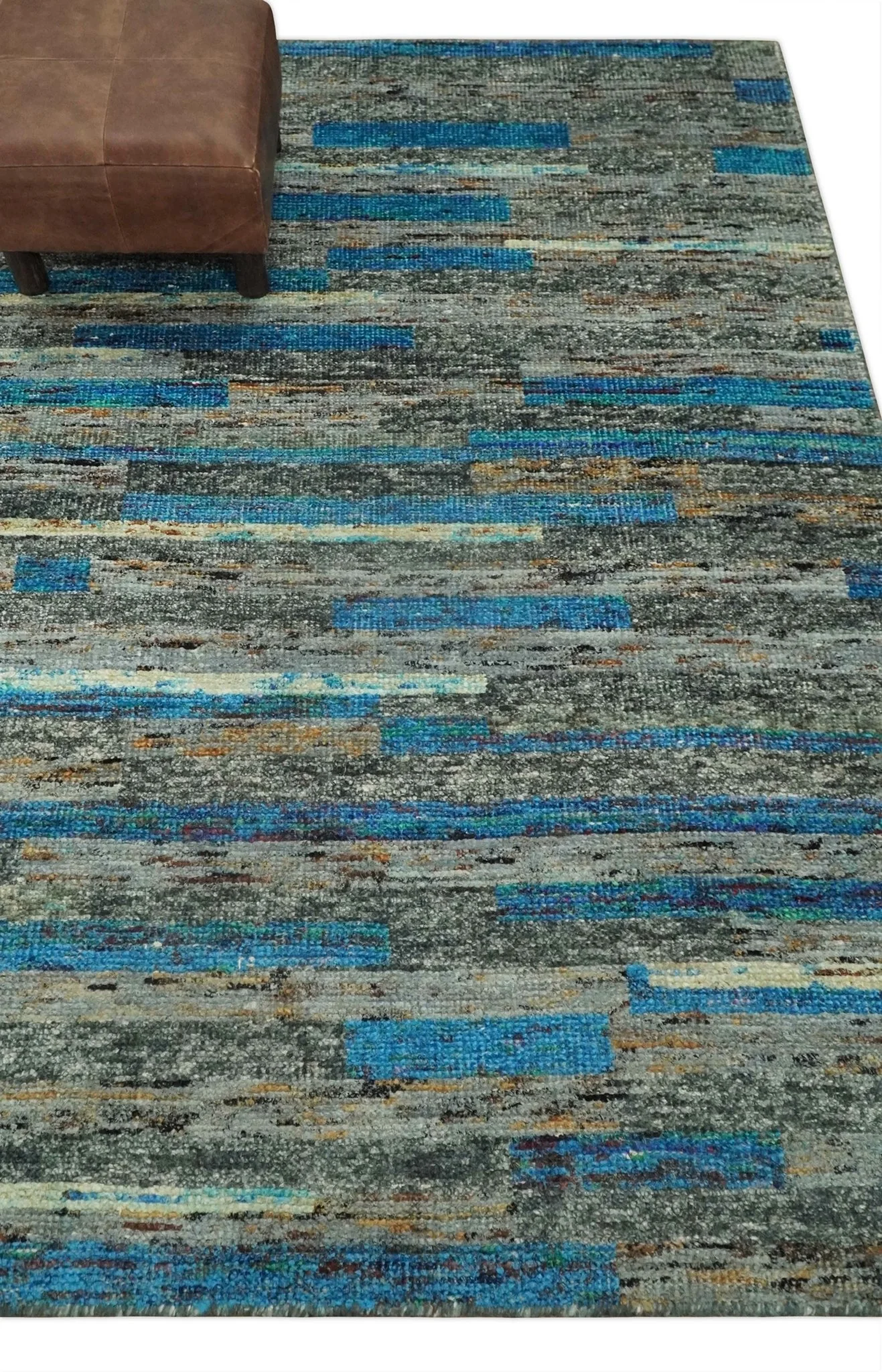 Hand Knotted 4.5x6.5 Gray, Ivory and Blue Modern Abstract Contemporary Recycled Silk Area Rug | OP67 - Image 5
