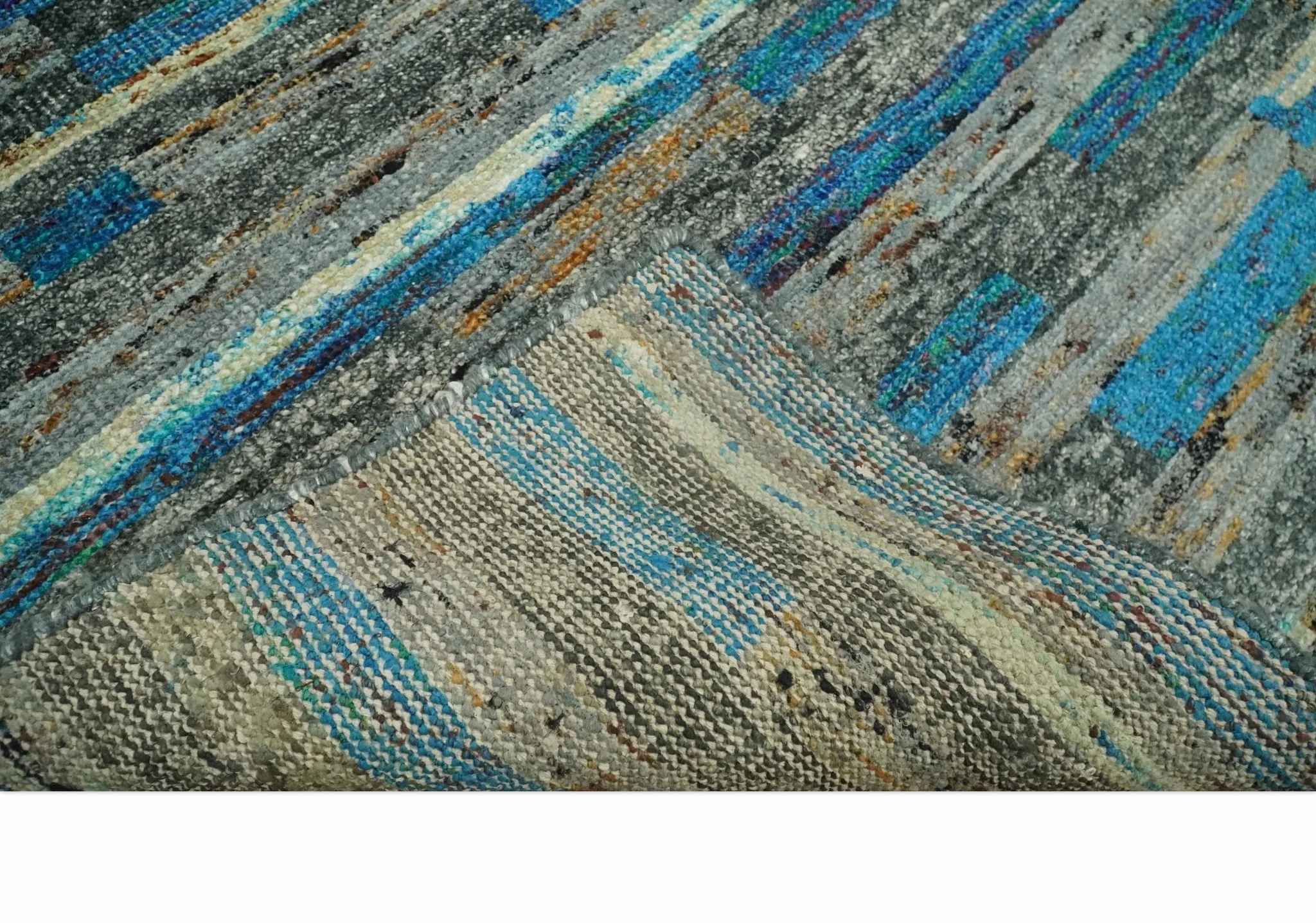 Hand Knotted 4.5x6.5 Gray, Ivory and Blue Modern Abstract Contemporary Recycled Silk Area Rug | OP67 - Image 7