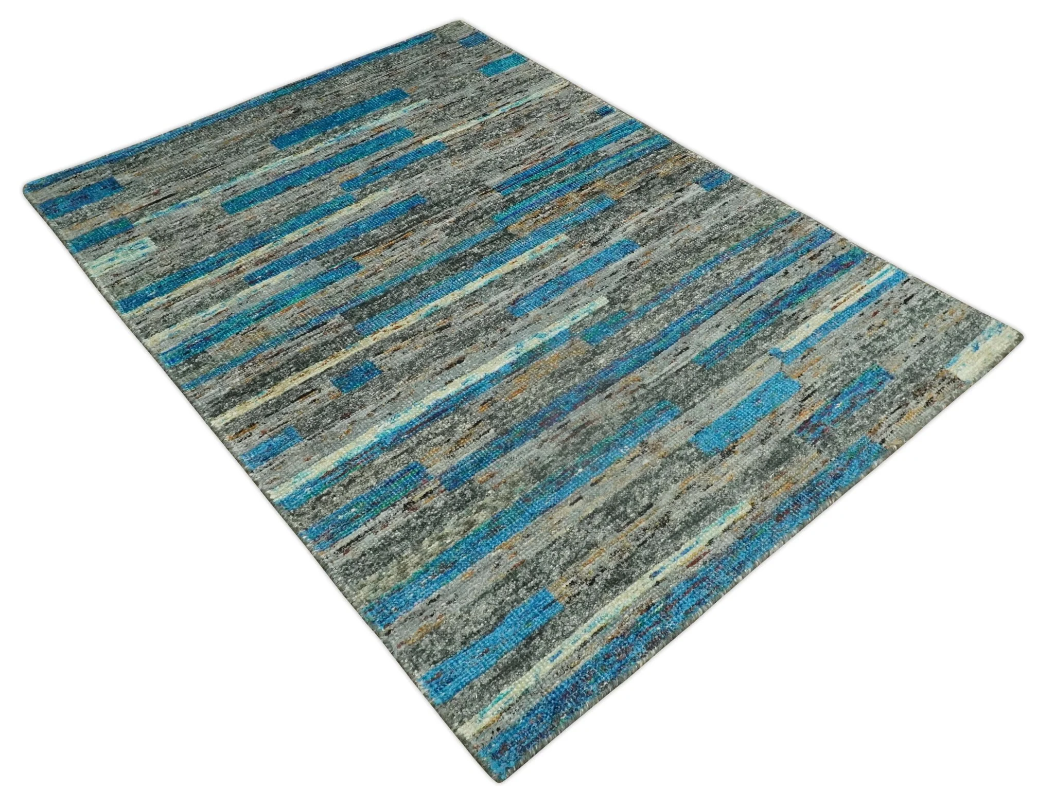 Hand Knotted 4.5x6.5 Gray, Ivory and Blue Modern Abstract Contemporary Recycled Silk Area Rug | OP67 - Image 8
