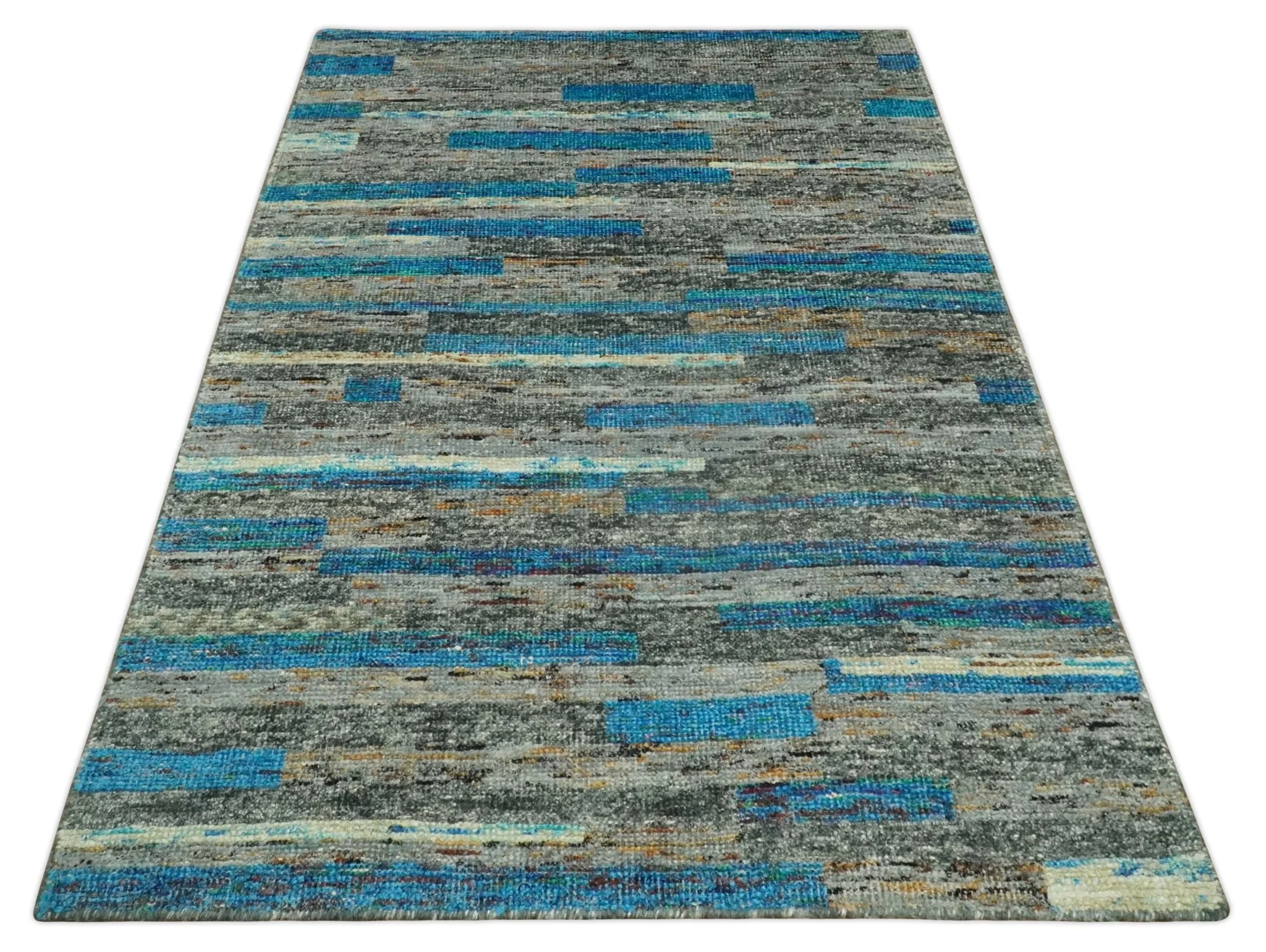 Hand Knotted 4.5x6.5 Gray, Ivory and Blue Modern Abstract Contemporary Recycled Silk Area Rug | OP67 - Image 9