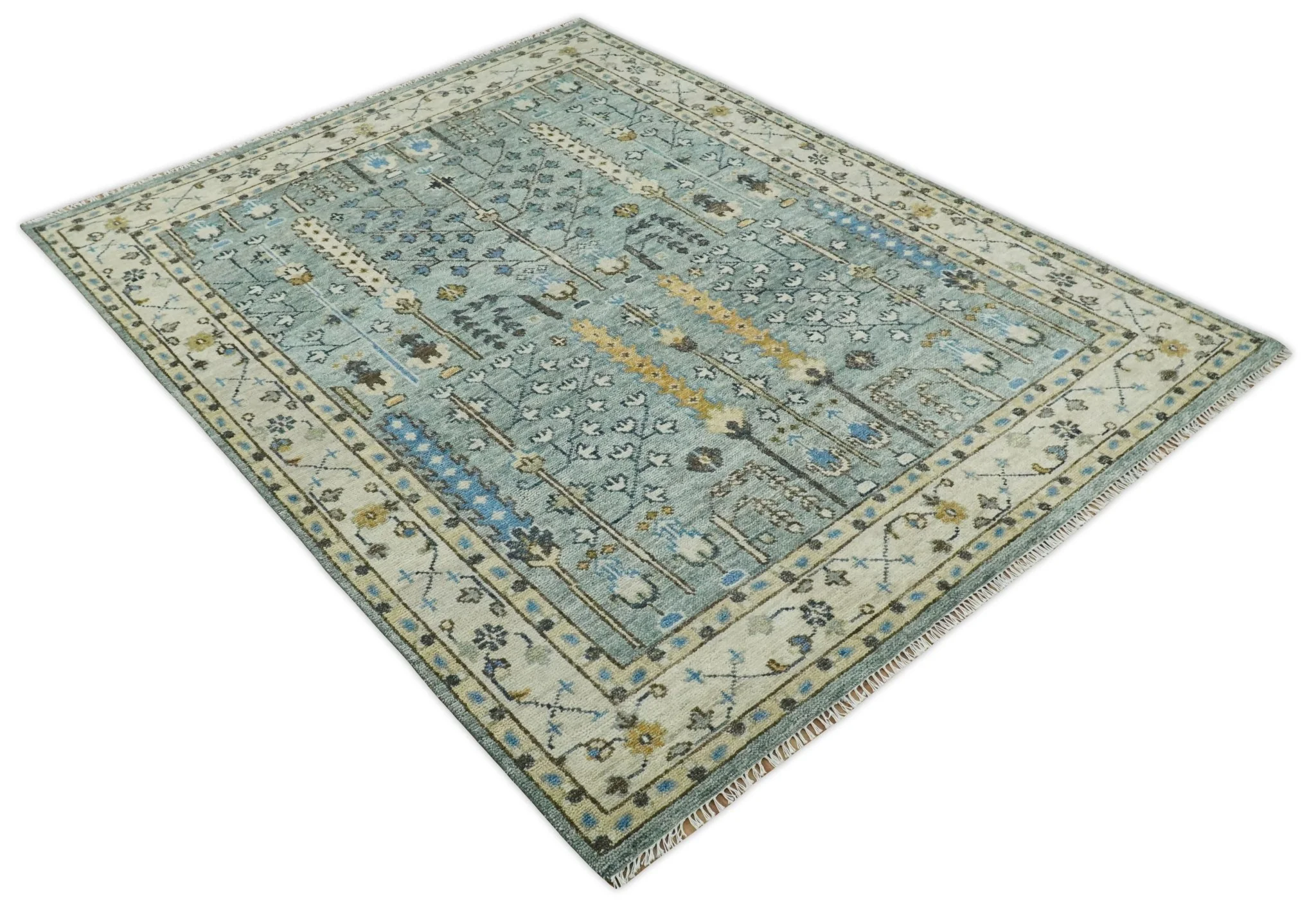 Ready to Ship 8x10, 9x12 Aqua and Ivory Tree Design Hand Knotted Wool Area Rug - Image 11