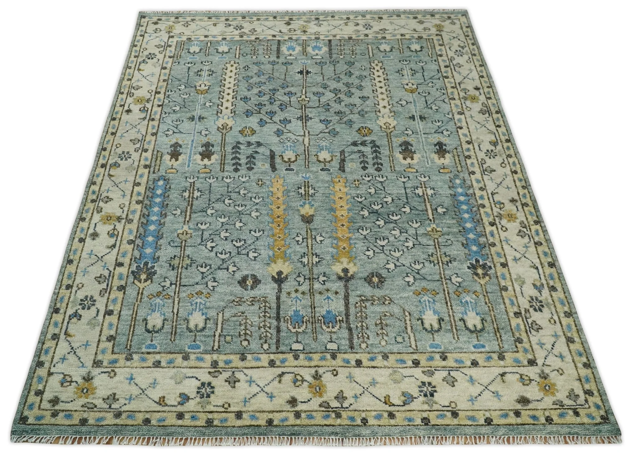 Ready to Ship 8x10, 9x12 Aqua and Ivory Tree Design Hand Knotted Wool Area Rug - Image 12