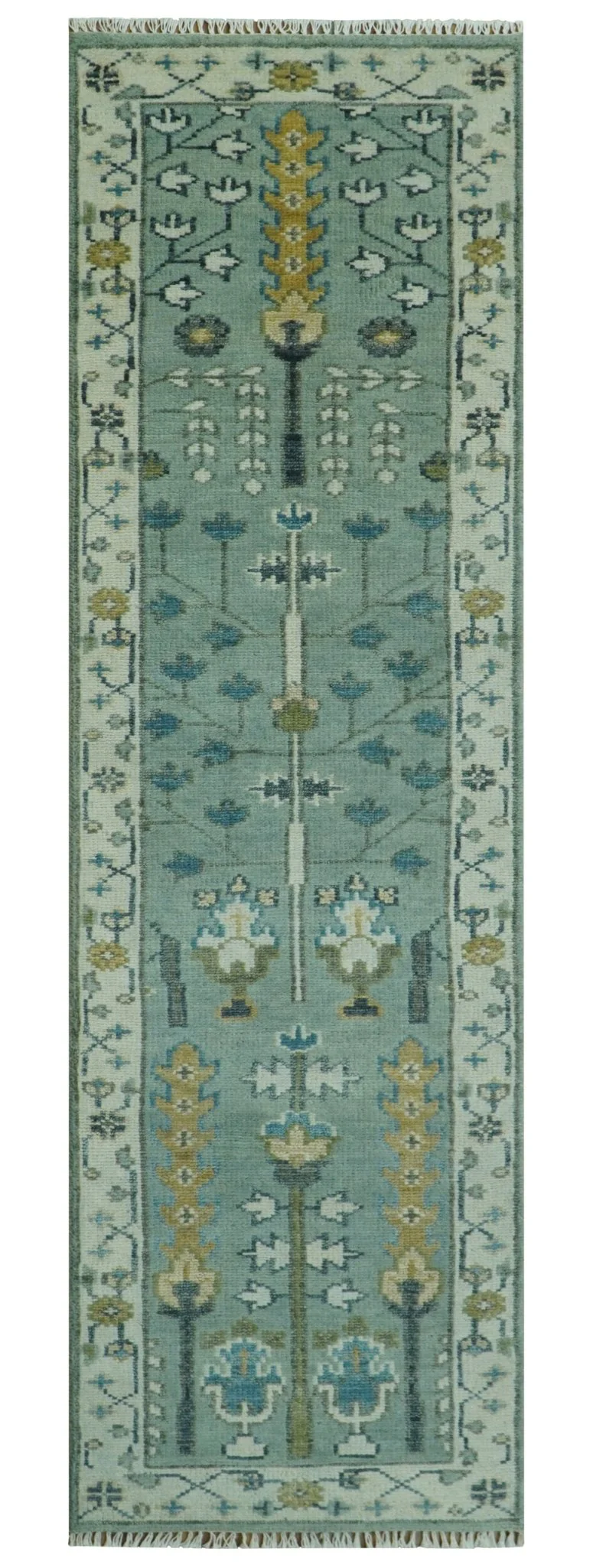 Ready to Ship 8x10, 9x12 Aqua and Ivory Tree Design Hand Knotted Wool Area Rug - Image 13