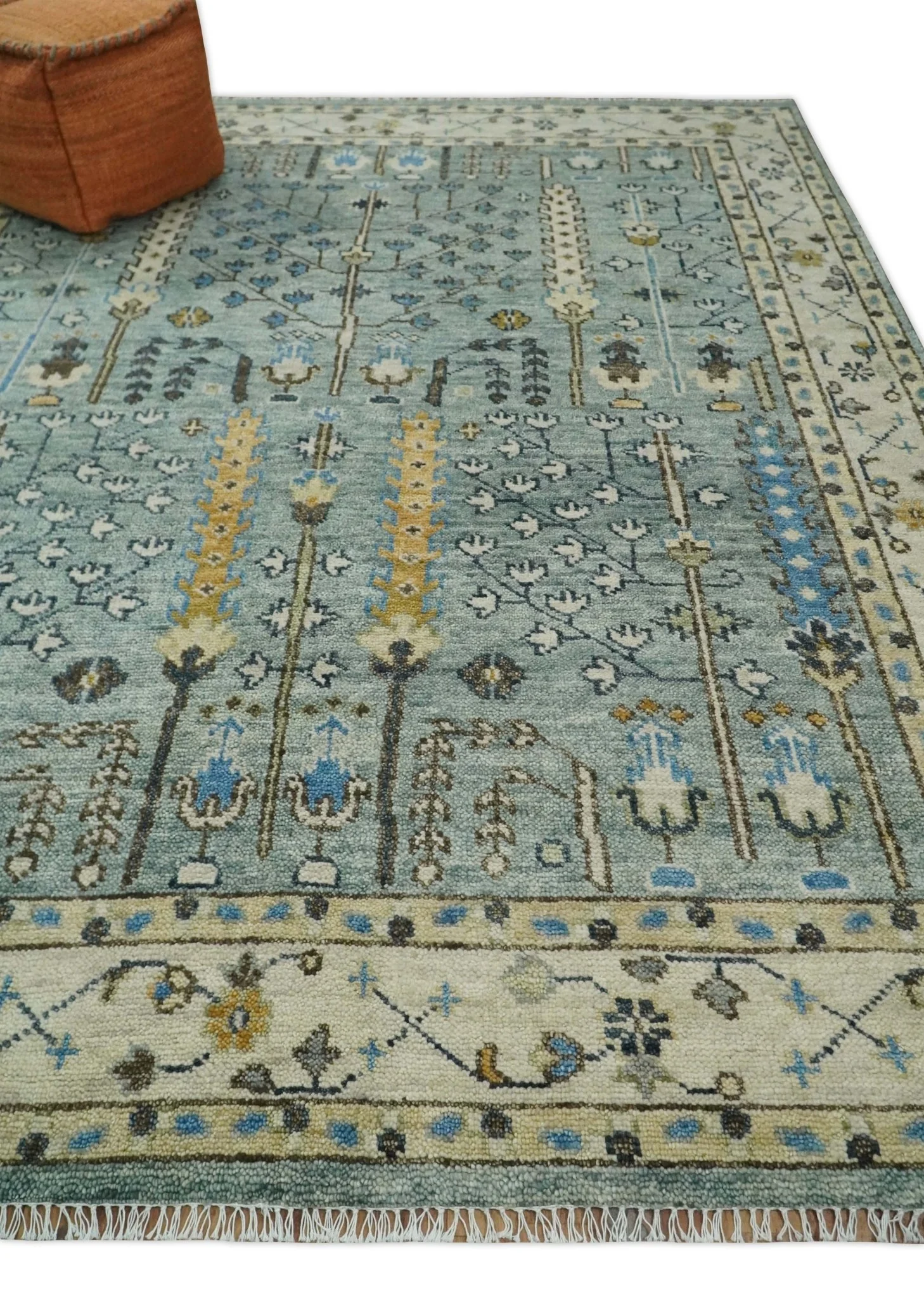 Ready to Ship 8x10, 9x12 Aqua and Ivory Tree Design Hand Knotted Wool Area Rug - Image 3