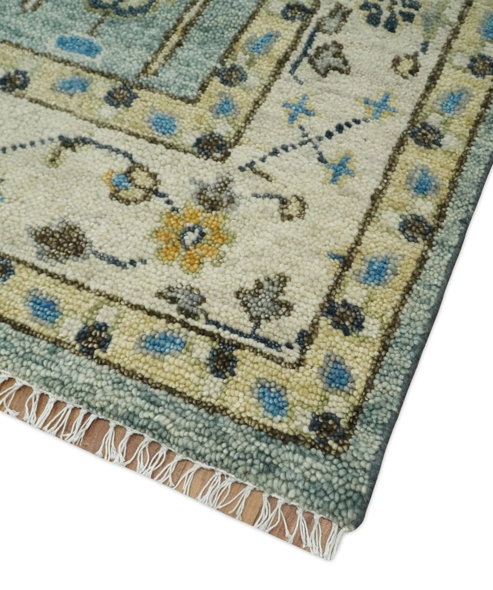 Ready to Ship 8x10, 9x12 Aqua and Ivory Tree Design Hand Knotted Wool Area Rug - Image 5