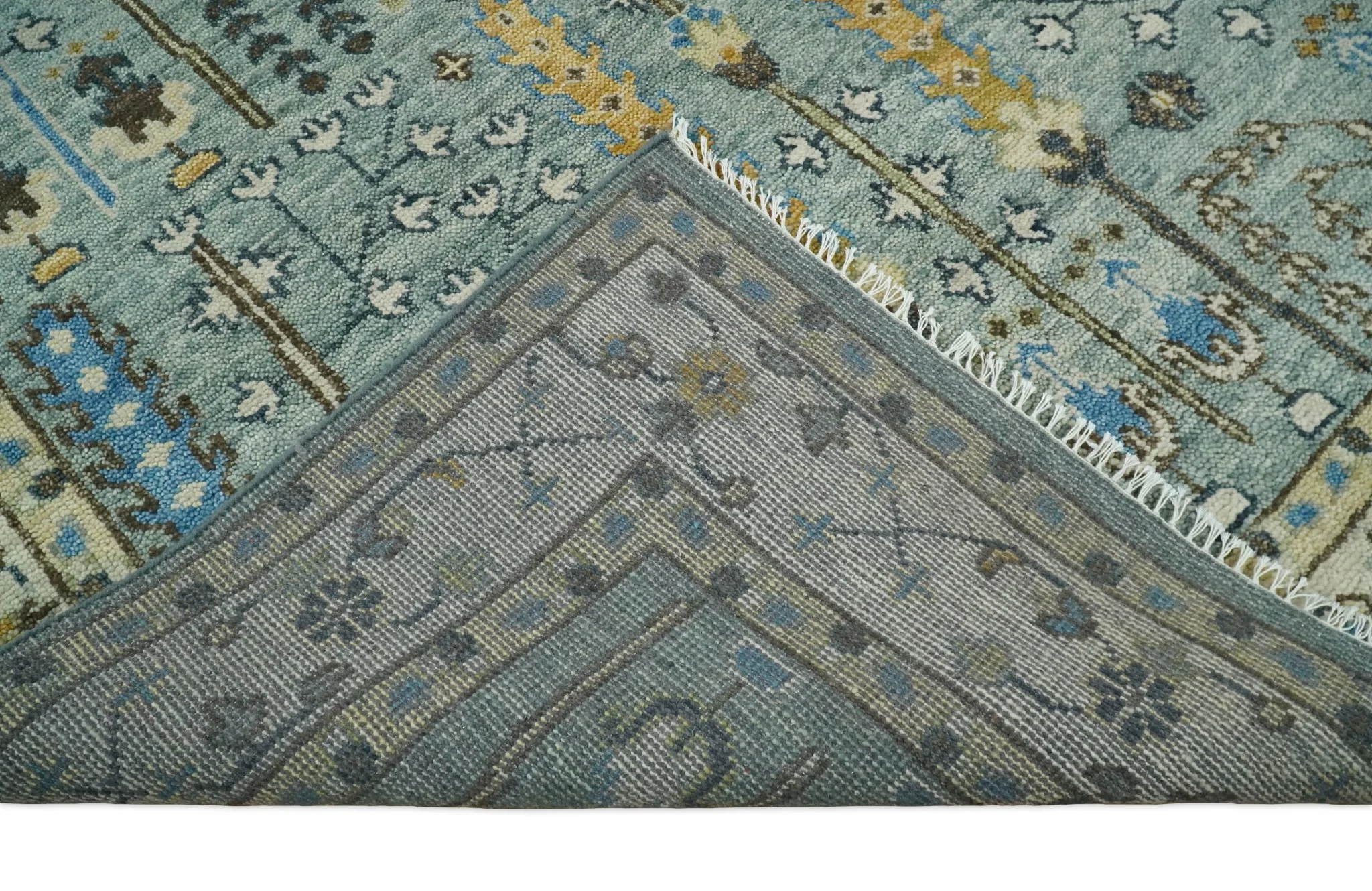 Ready to Ship 8x10, 9x12 Aqua and Ivory Tree Design Hand Knotted Wool Area Rug - Image 7