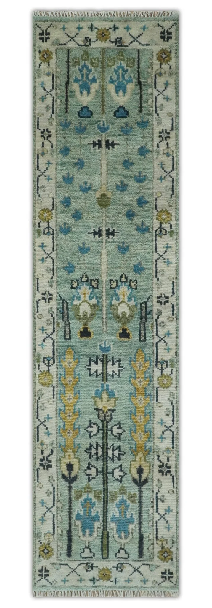 Ready to Ship 8x10, 9x12 Aqua and Ivory Tree Design Hand Knotted Wool Area Rug - Image 9