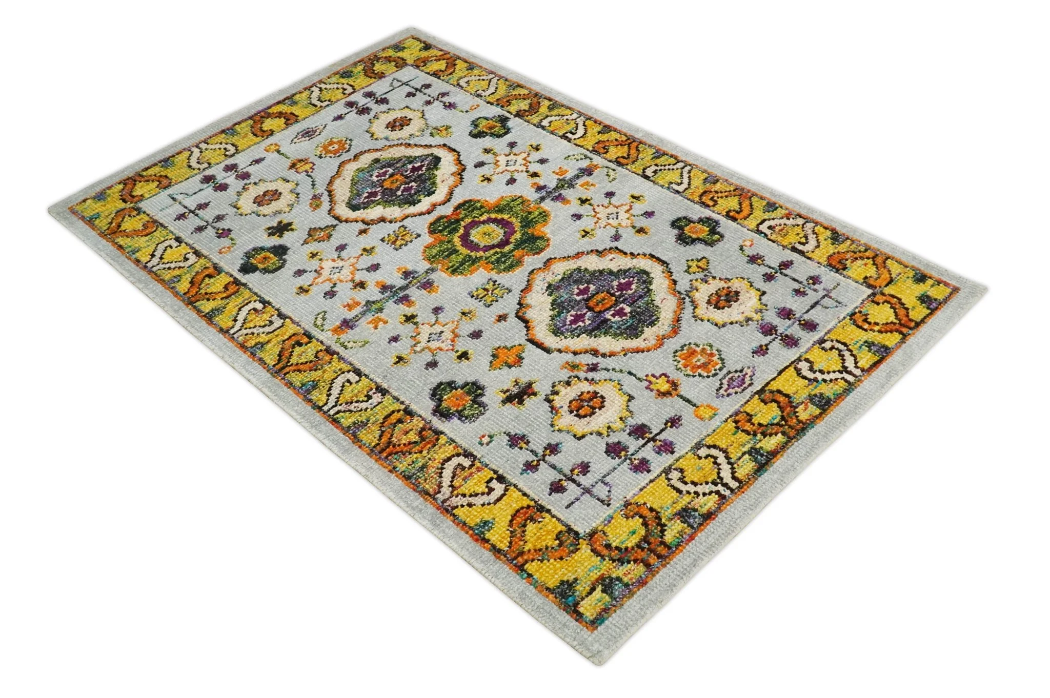Hand Knotted 4x6 Silver, Mustard and Gold Persian Oushak made of Recycled Silk Area Rug | OP65 - Image 10
