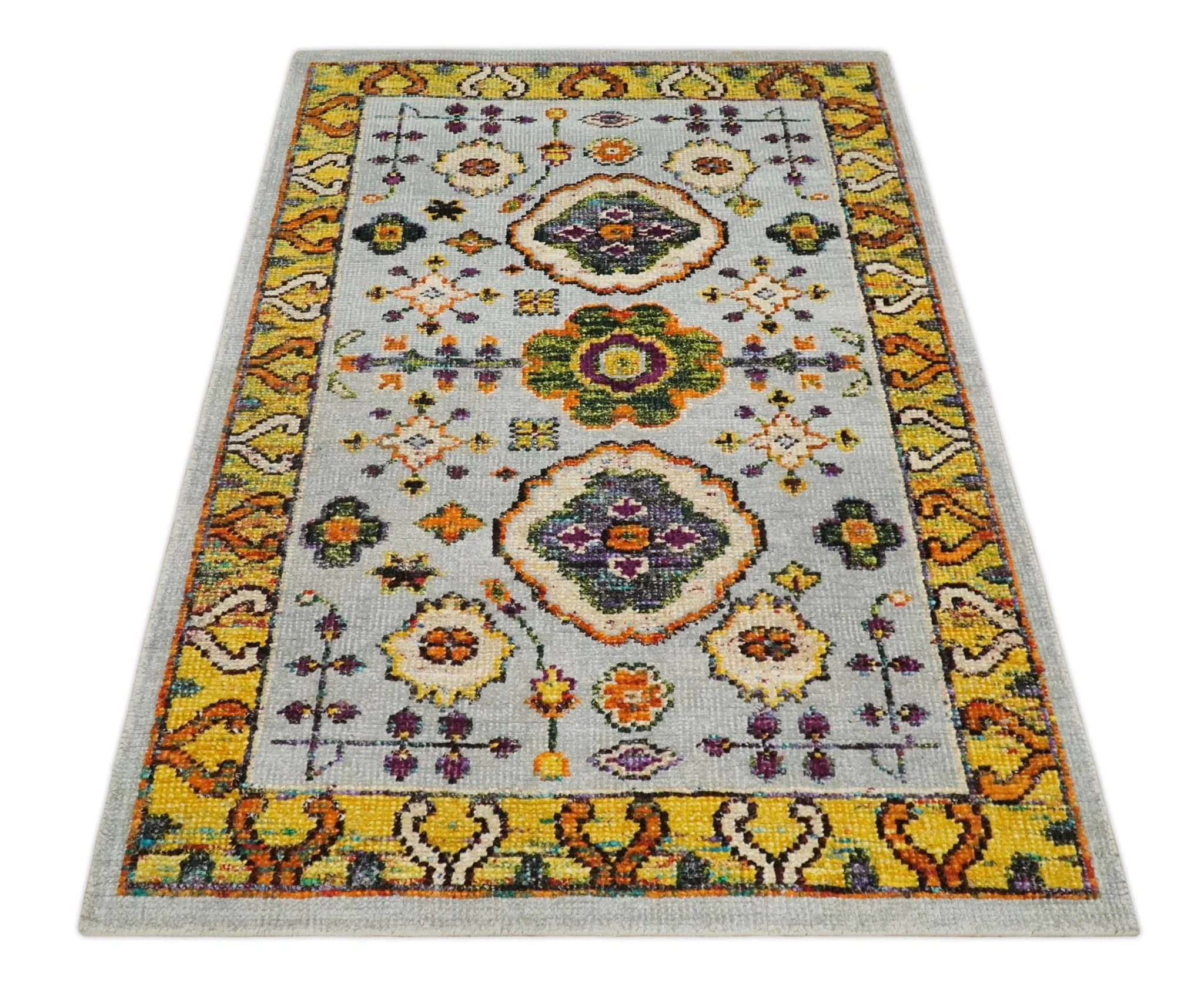 Hand Knotted 4x6 Silver, Mustard and Gold Persian Oushak made of Recycled Silk Area Rug | OP65 - Image 11