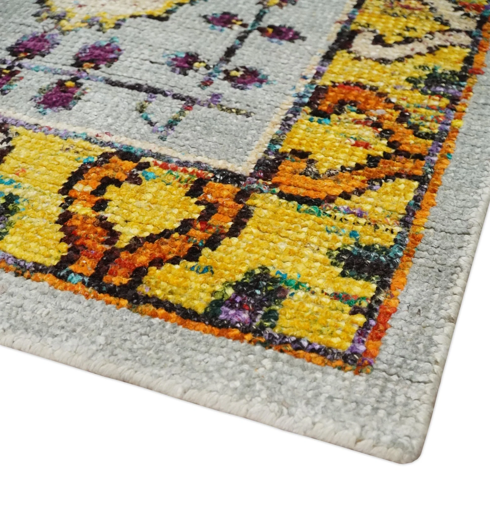 Hand Knotted 4x6 Silver, Mustard and Gold Persian Oushak made of Recycled Silk Area Rug | OP65 - Image 3