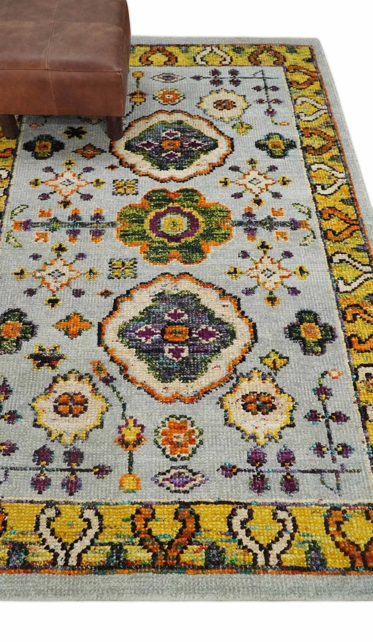 Hand Knotted 4x6 Silver, Mustard and Gold Persian Oushak made of Recycled Silk Area Rug | OP65 - Image 4