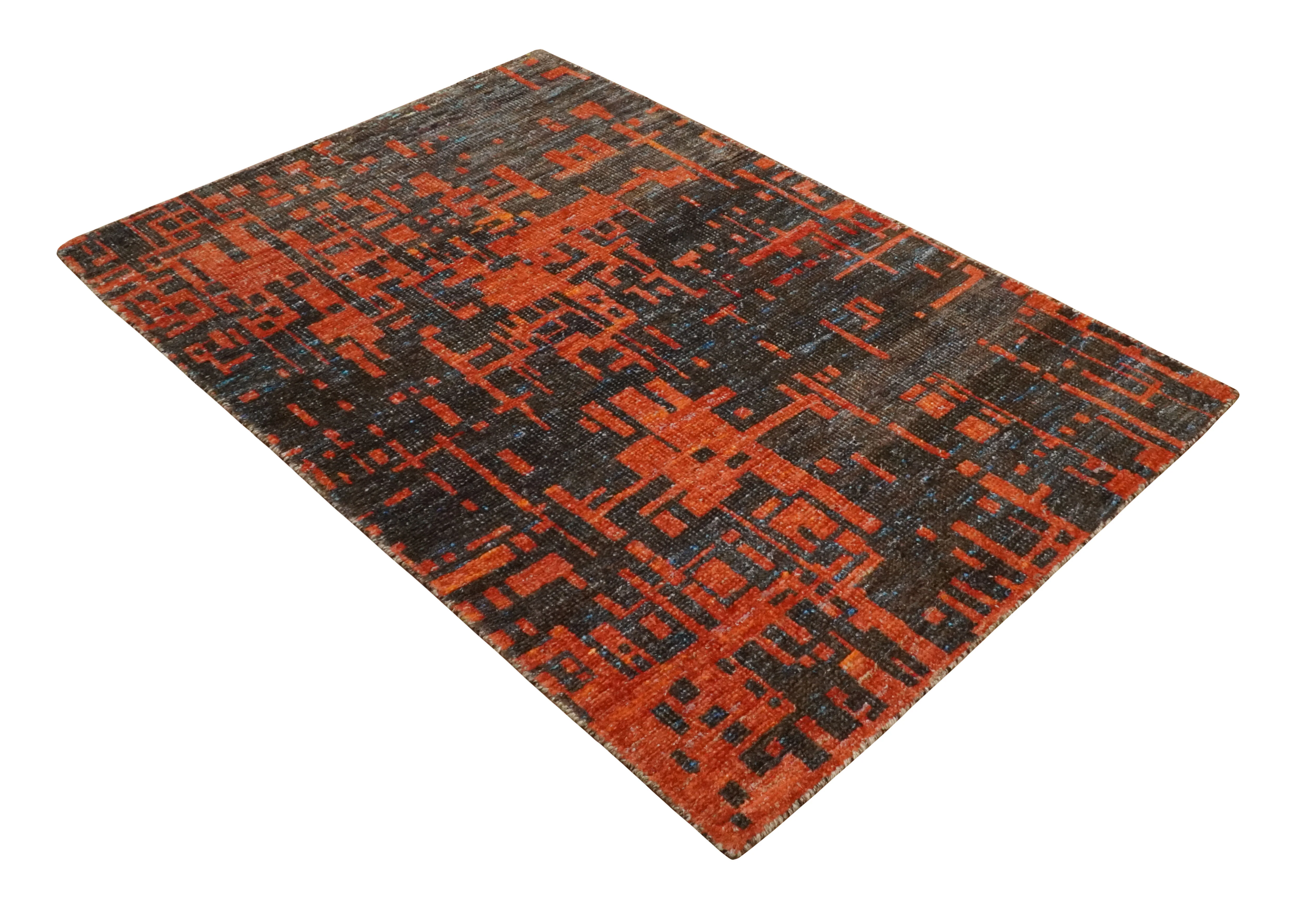Hand Knotted 4x6 Rust and Charcoal Modern Abstract Contemporary Recycled Silk Area Rug | OP62 - Image 10