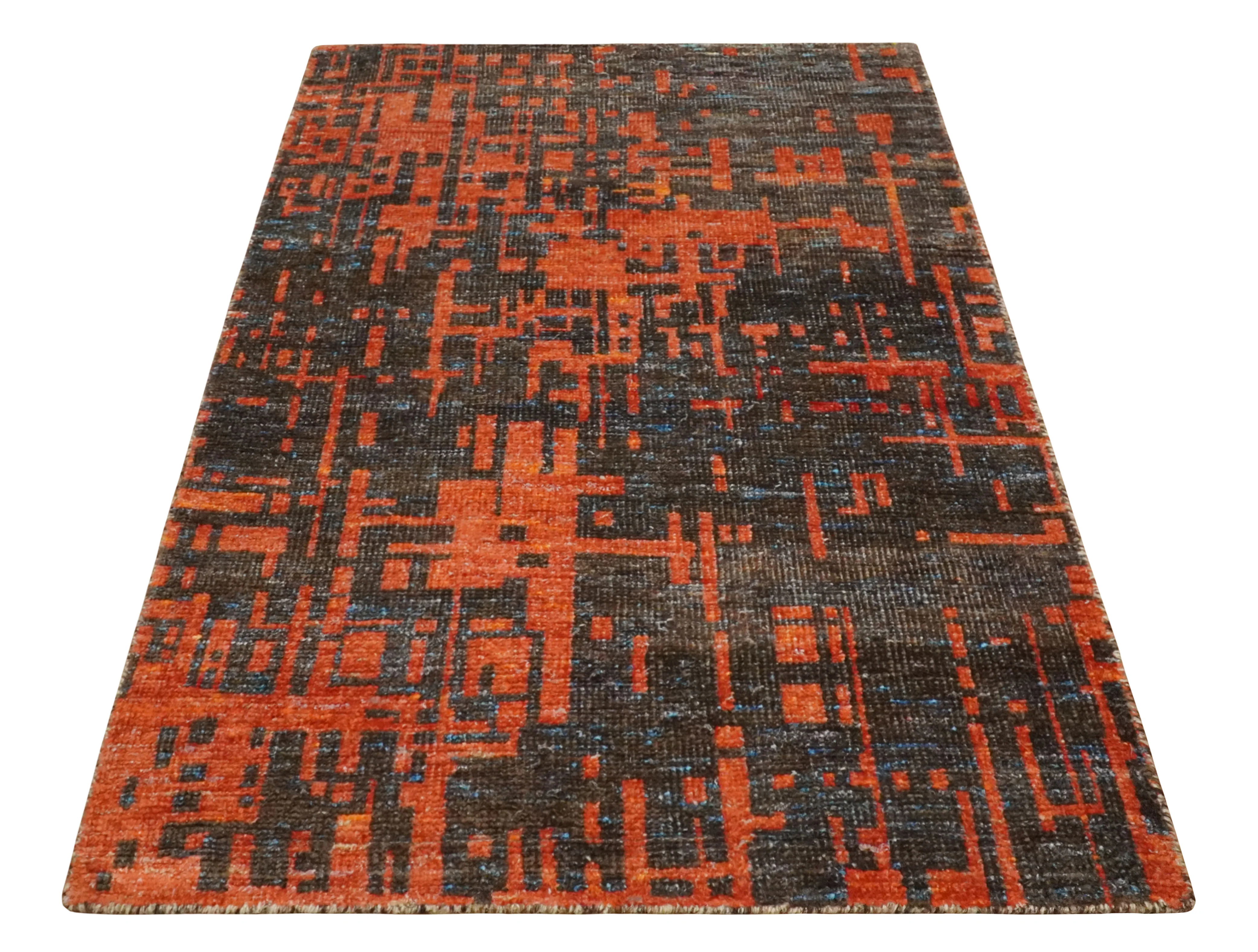 Hand Knotted 4x6 Rust and Charcoal Modern Abstract Contemporary Recycled Silk Area Rug | OP62 - Image 11
