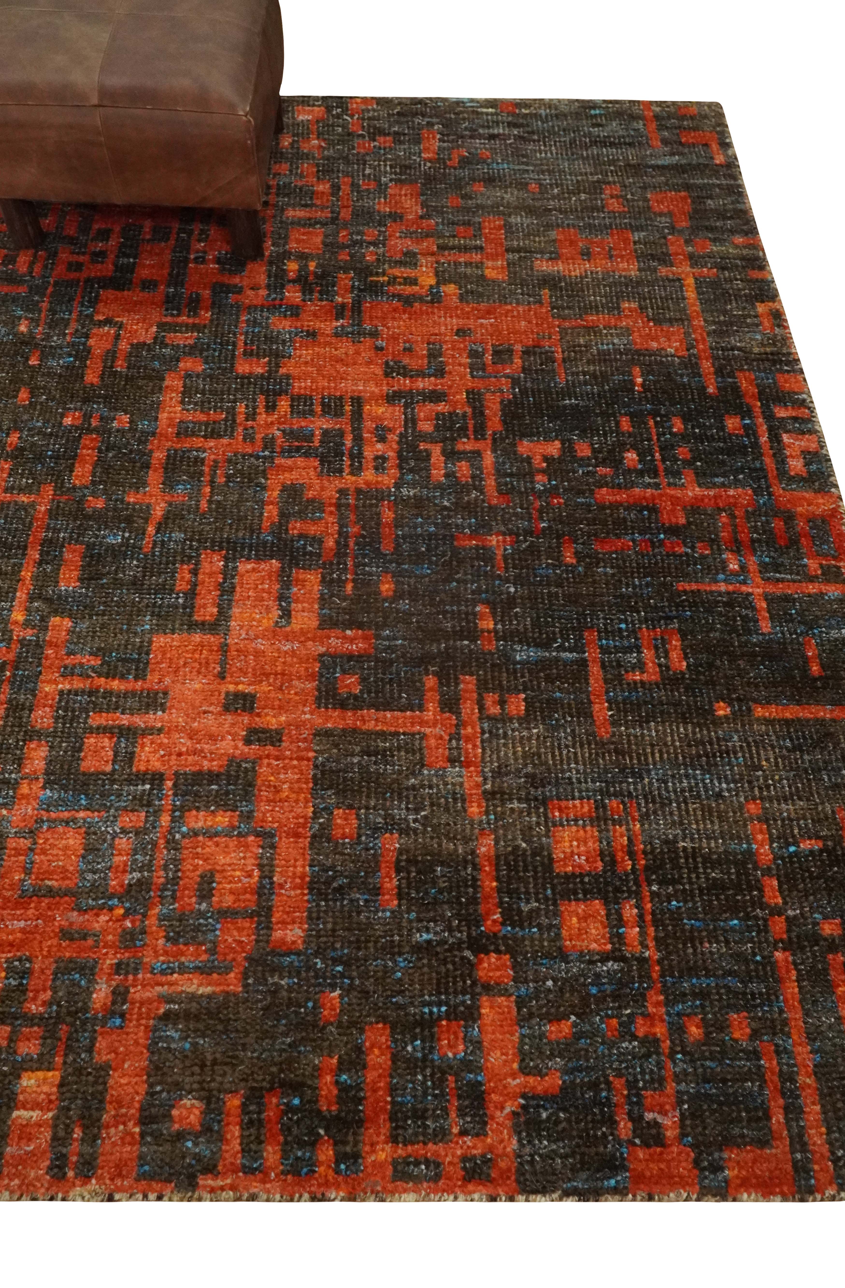 Hand Knotted 4x6 Rust and Charcoal Modern Abstract Contemporary Recycled Silk Area Rug | OP62 - Image 4