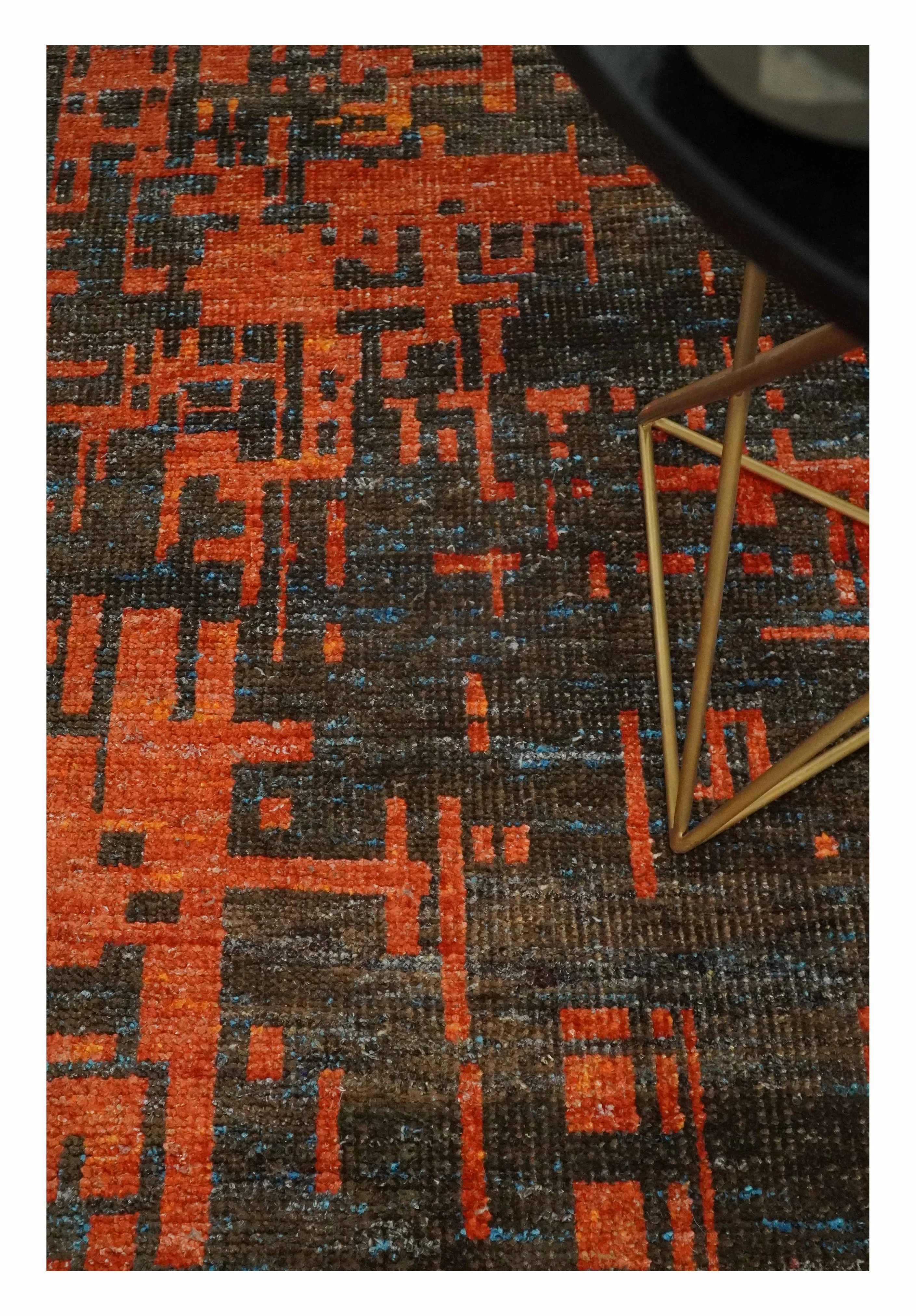 Hand Knotted 4x6 Rust and Charcoal Modern Abstract Contemporary Recycled Silk Area Rug | OP62 - Image 5