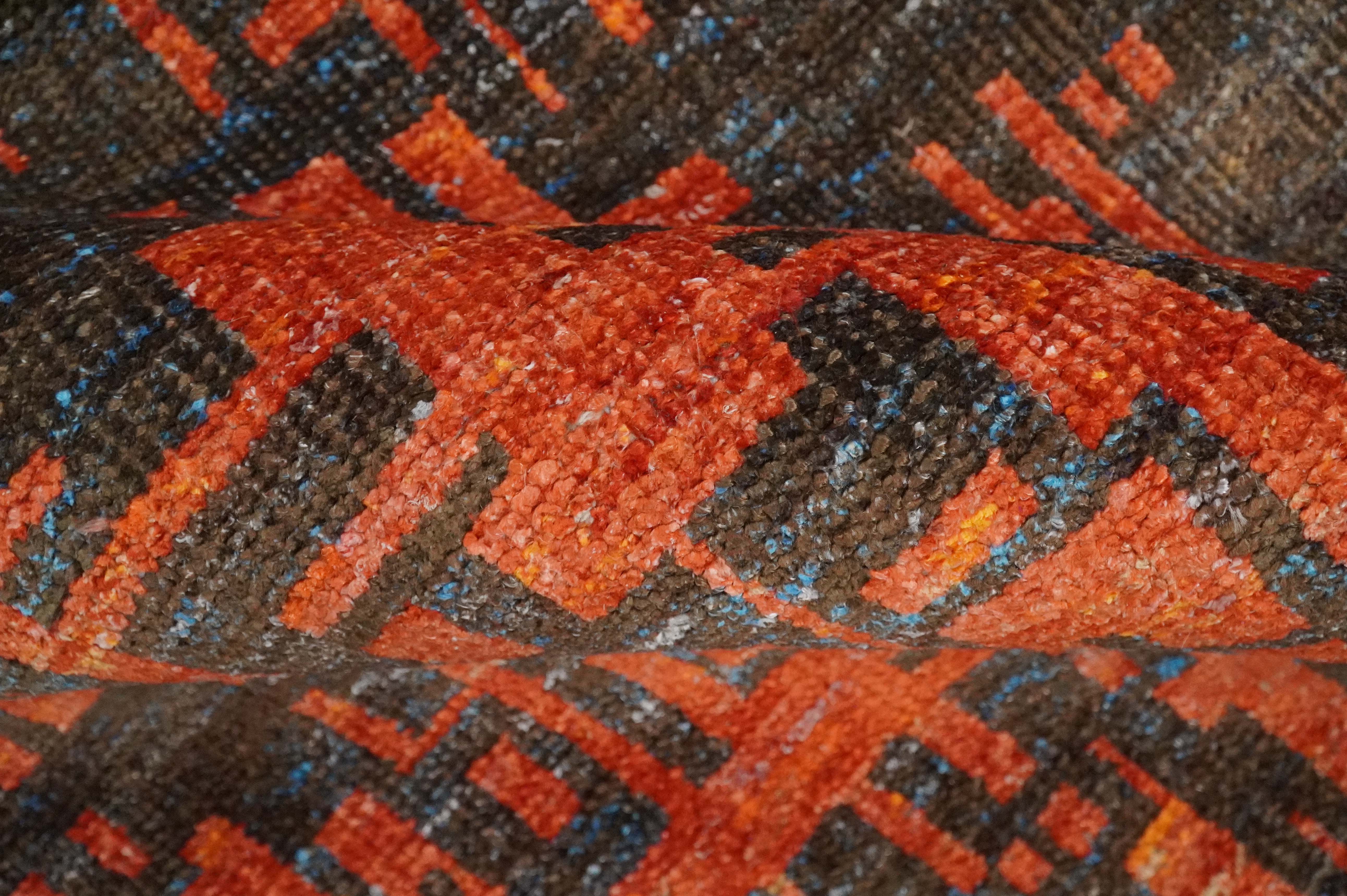 Hand Knotted 4x6 Rust and Charcoal Modern Abstract Contemporary Recycled Silk Area Rug | OP62 - Image 6