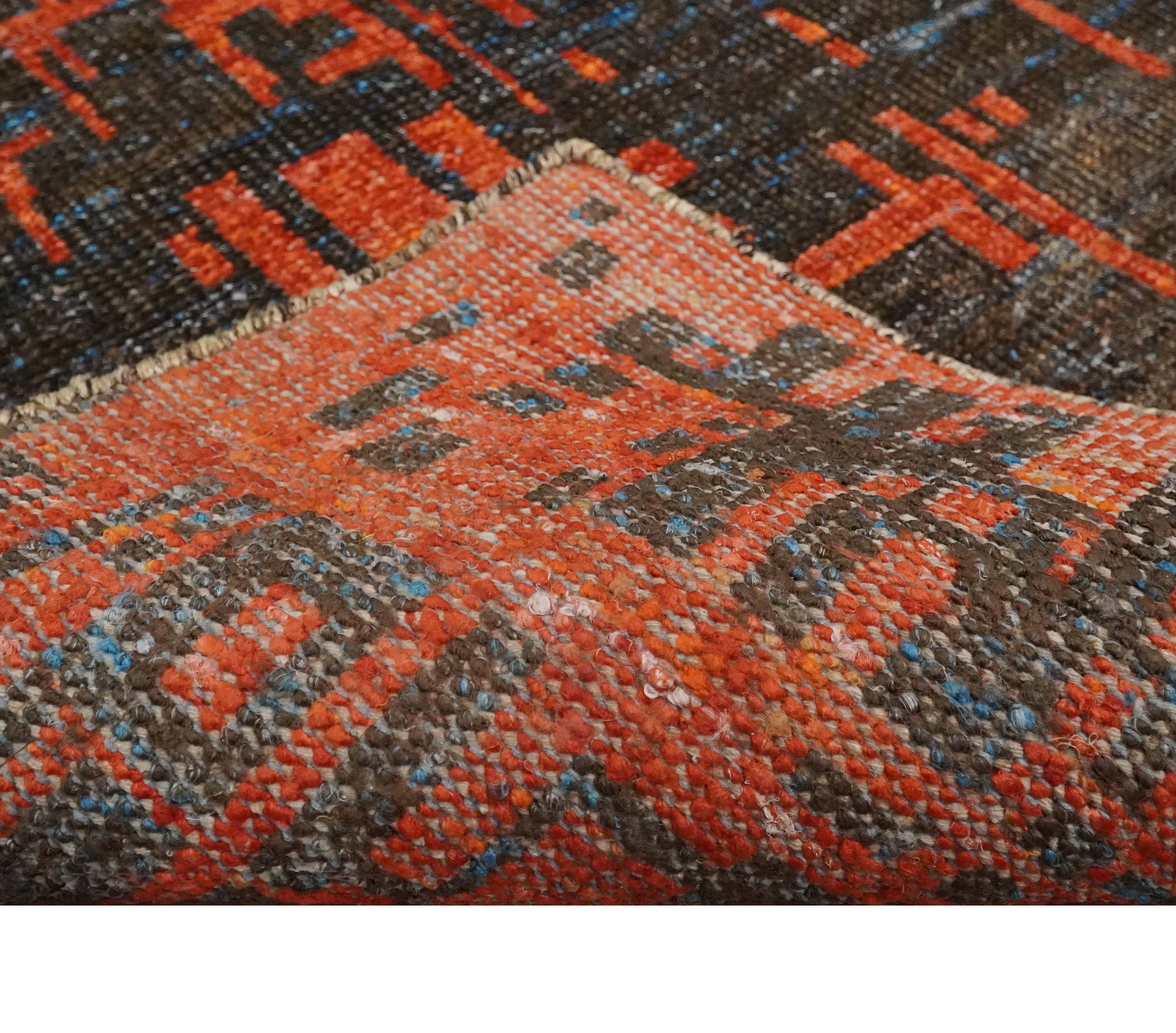 Hand Knotted 4x6 Rust and Charcoal Modern Abstract Contemporary Recycled Silk Area Rug | OP62 - Image 7