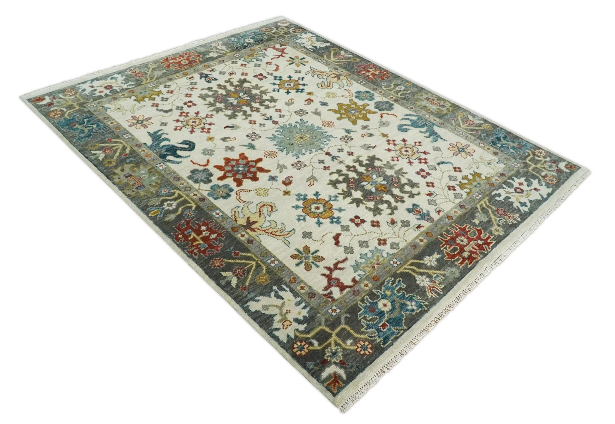 Ivory and Gray Floral Oushak Hand Knotted Custom Made Wool Area Rug - Image 10