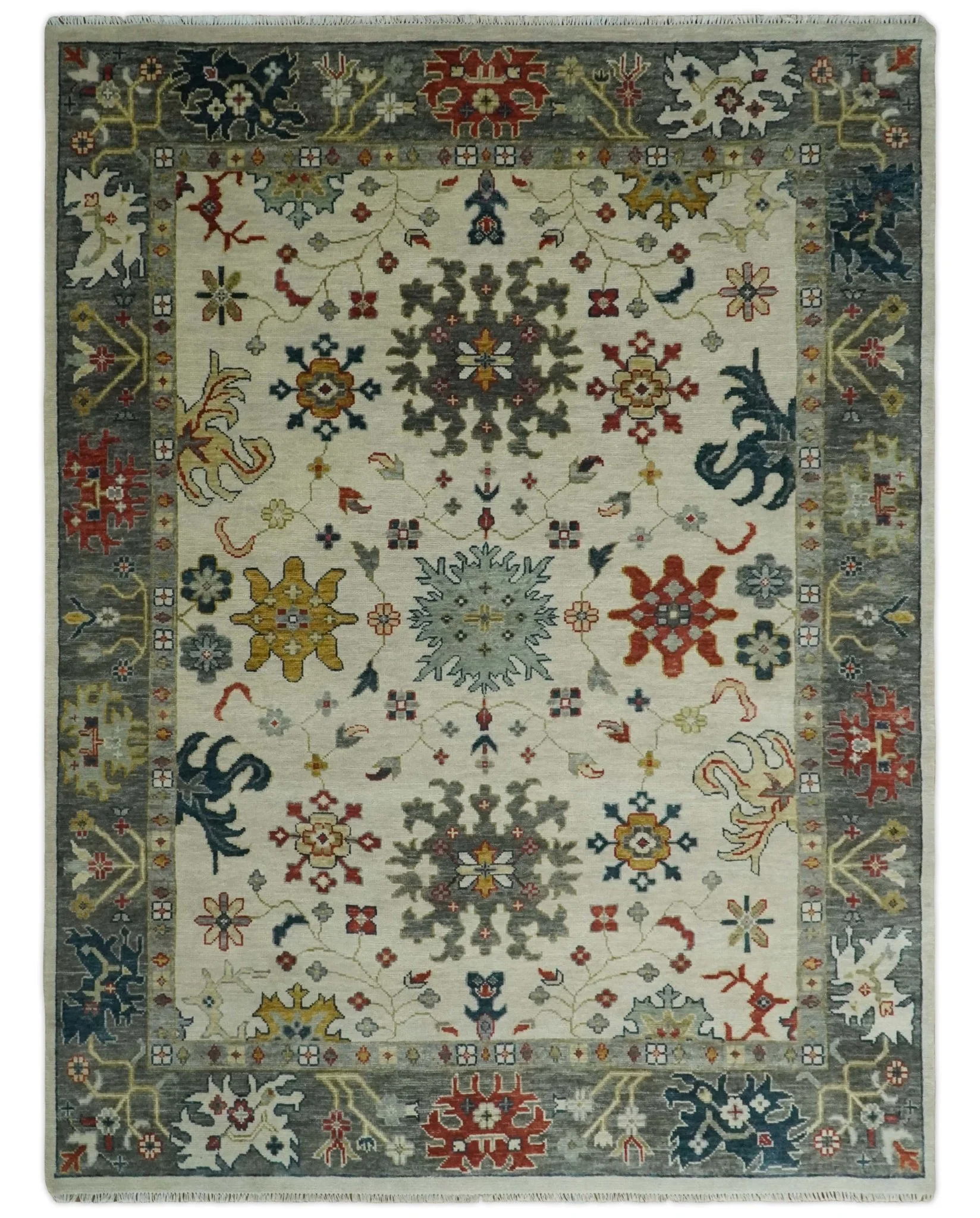Ivory and Gray Floral Oushak Hand Knotted Custom Made Wool Area Rug - Image 11