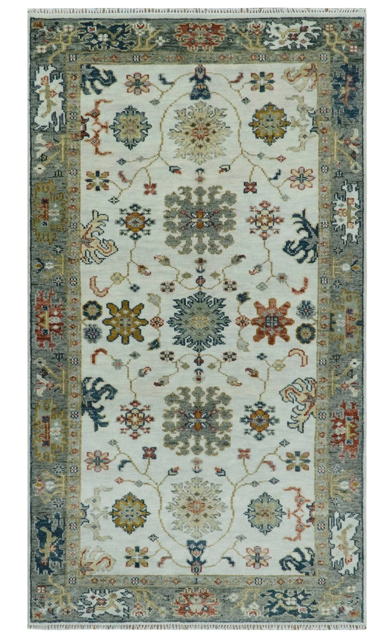 Ivory and Gray Floral Oushak Hand Knotted Custom Made Wool Area Rug - Image 12