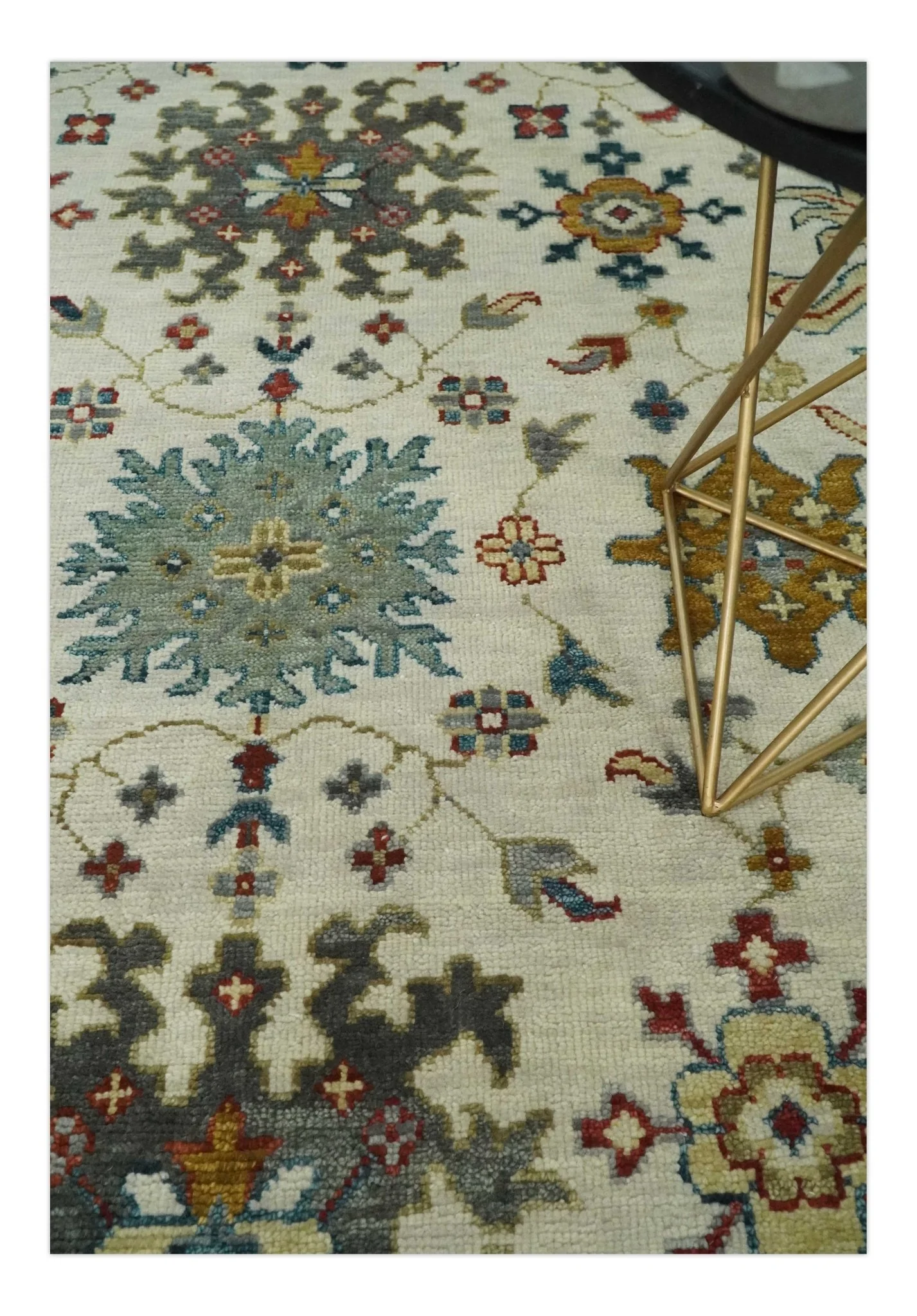 Ivory and Gray Floral Oushak Hand Knotted Custom Made Wool Area Rug - Image 2