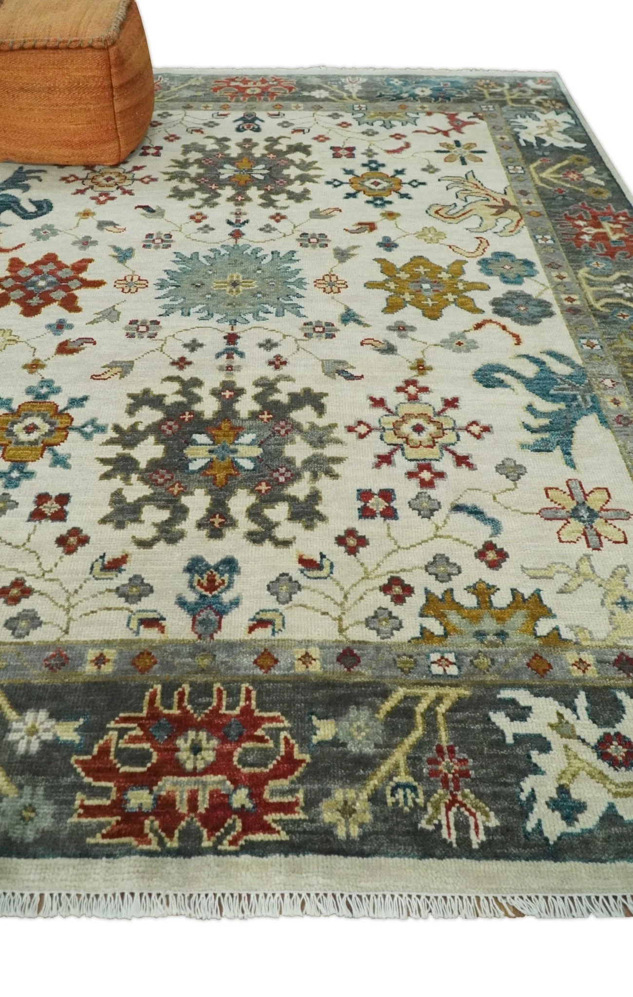 Ivory and Gray Floral Oushak Hand Knotted Custom Made Wool Area Rug - Image 3