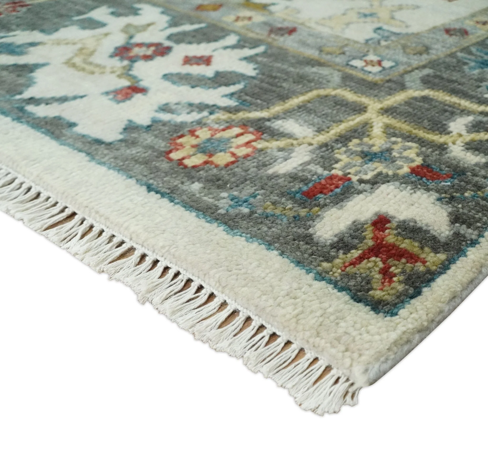 Ivory and Gray Floral Oushak Hand Knotted Custom Made Wool Area Rug - Image 5