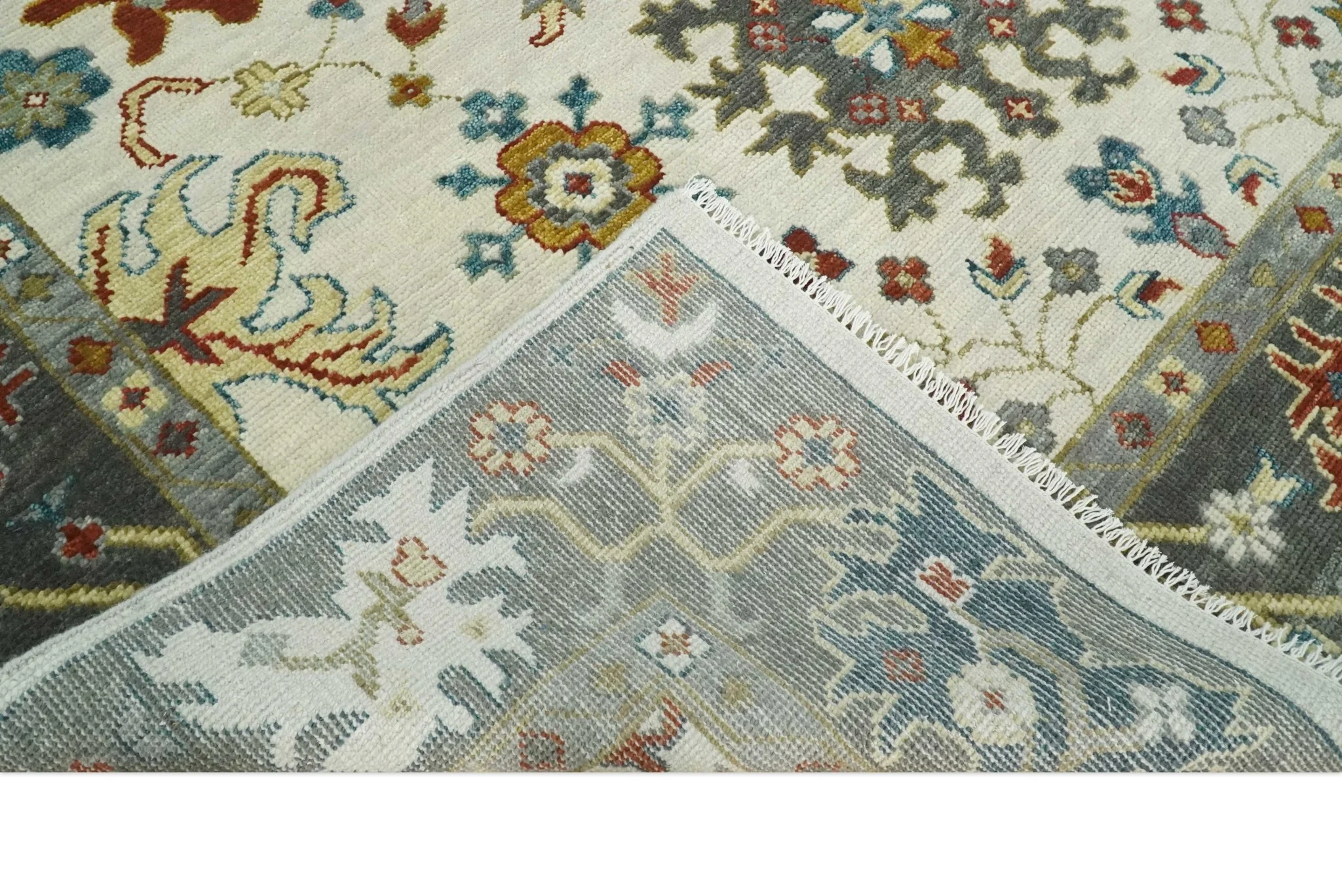 Ivory and Gray Floral Oushak Hand Knotted Custom Made Wool Area Rug - Image 7