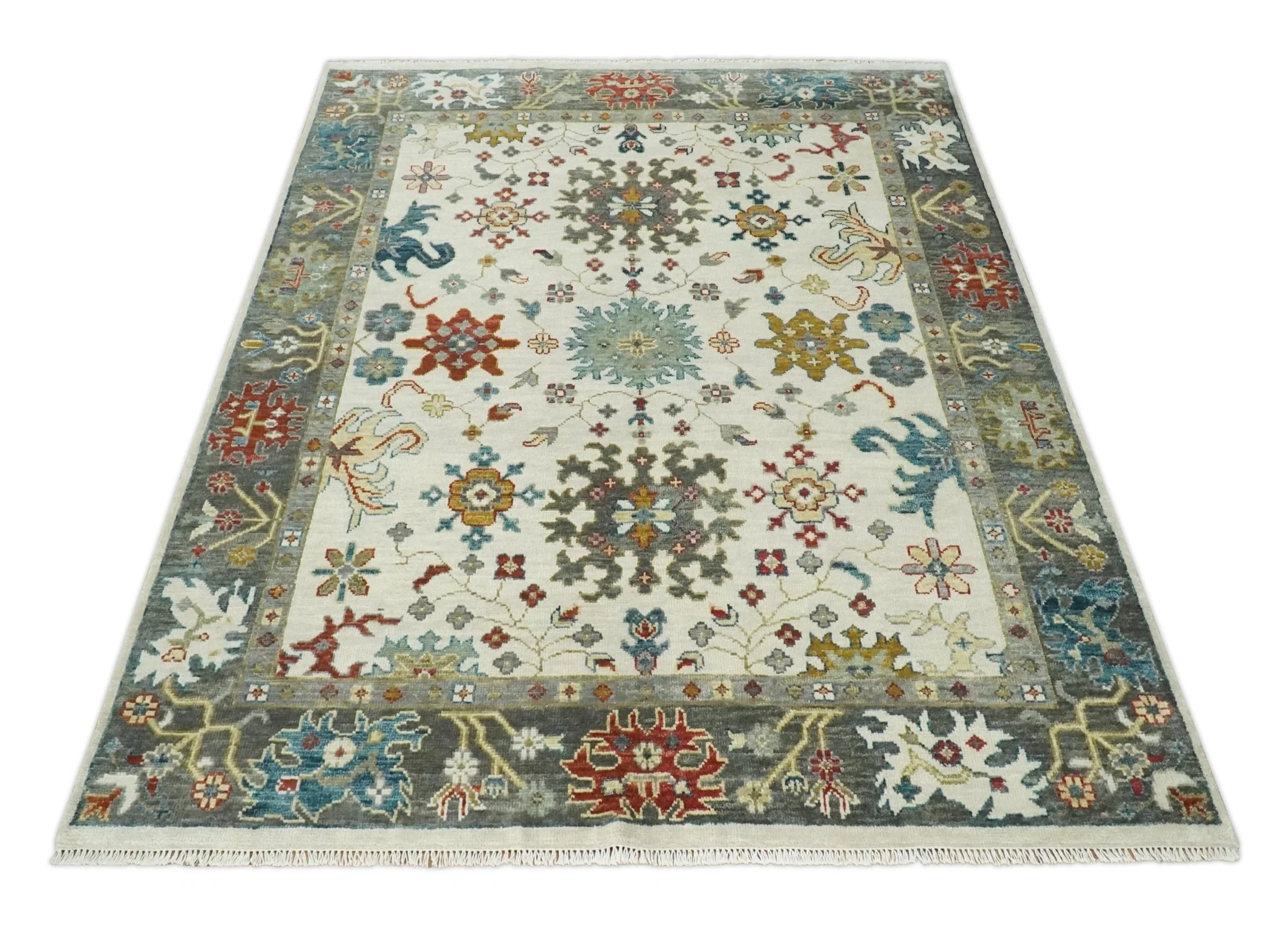 Ivory and Gray Floral Oushak Hand Knotted Custom Made Wool Area Rug - Image 9